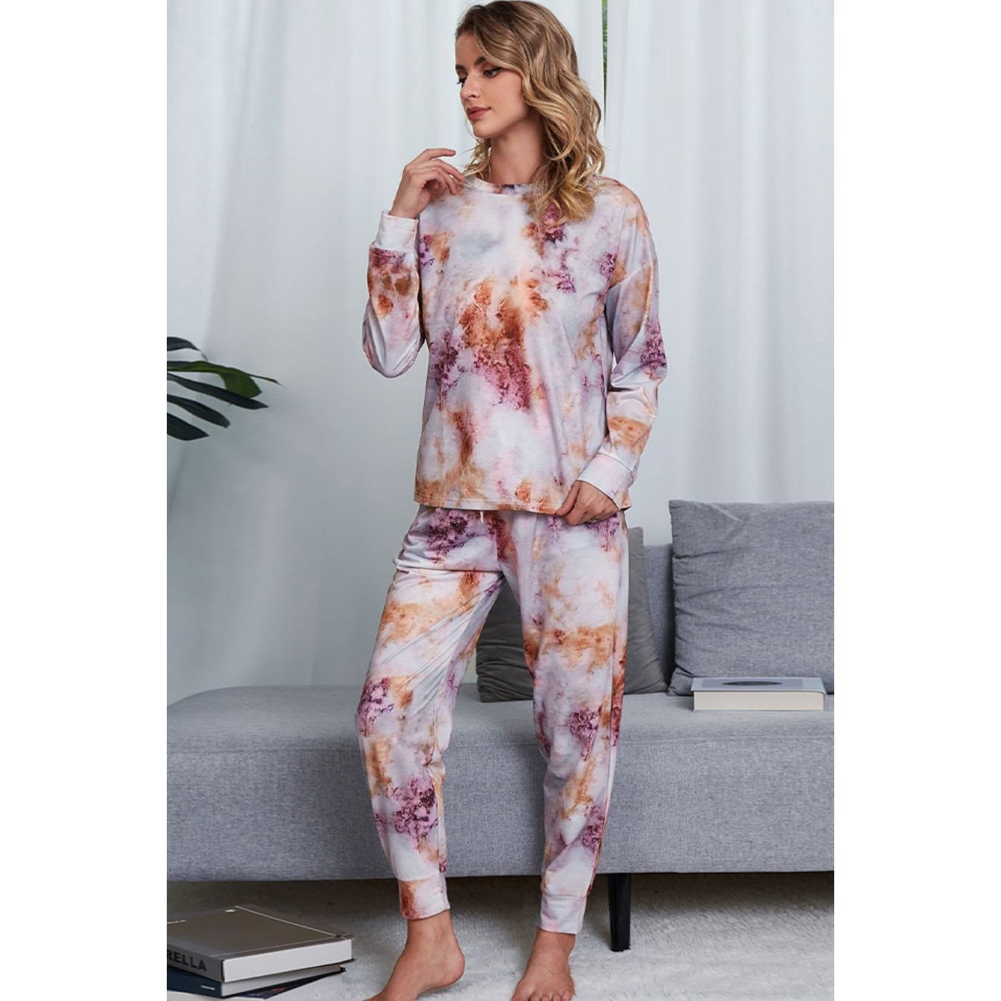 Shiny Tie-Dye Crewneck Top and Drawstring Waist Joggers Lounge Set