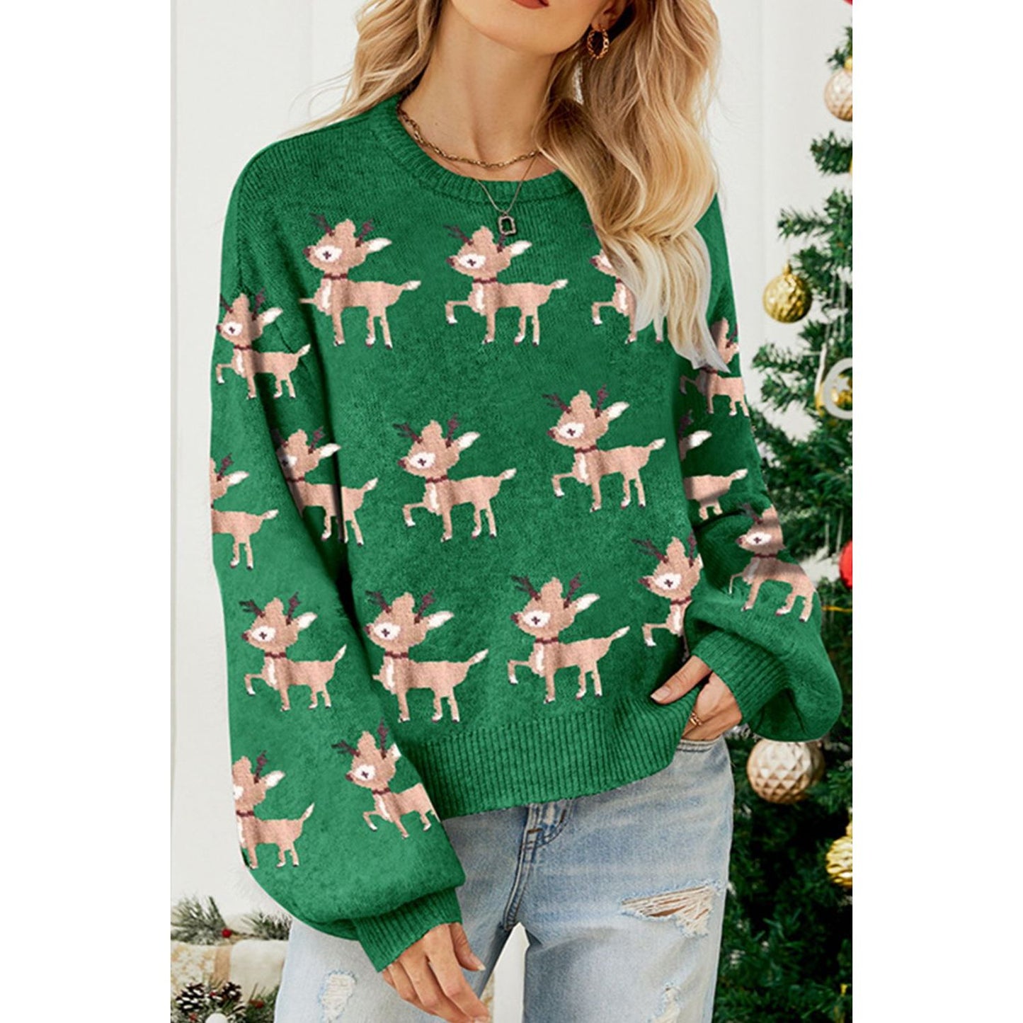 Reindeer Round Neck Drop Shoulder Sweater