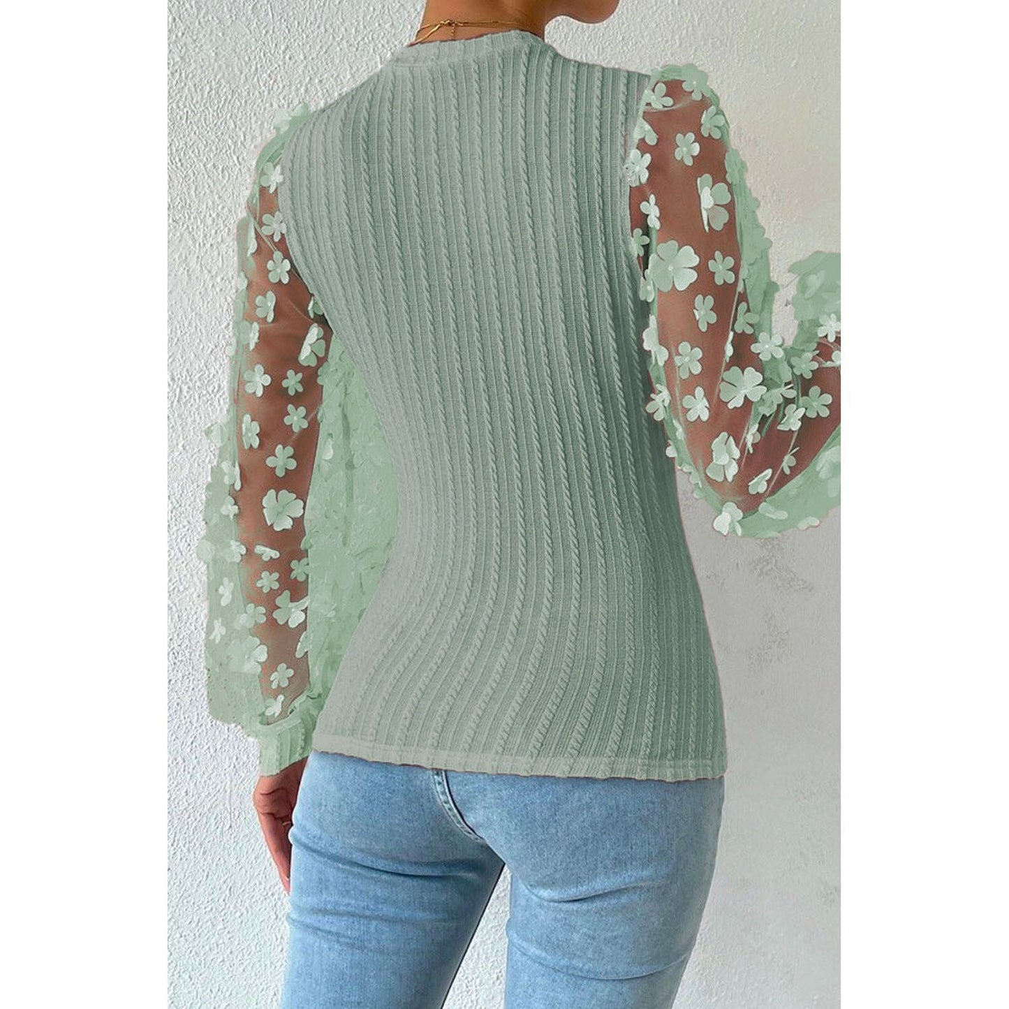 Double Take Textured Applique Long Sleeve Blouse