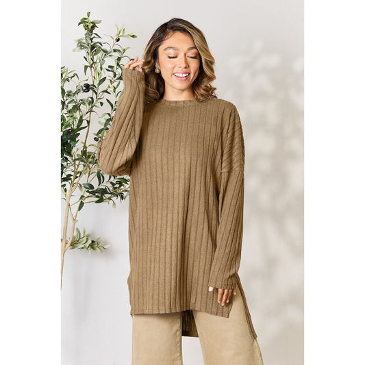 Basic Bae Full Size Ribbed Round Neck Long Sleeve Slit Top