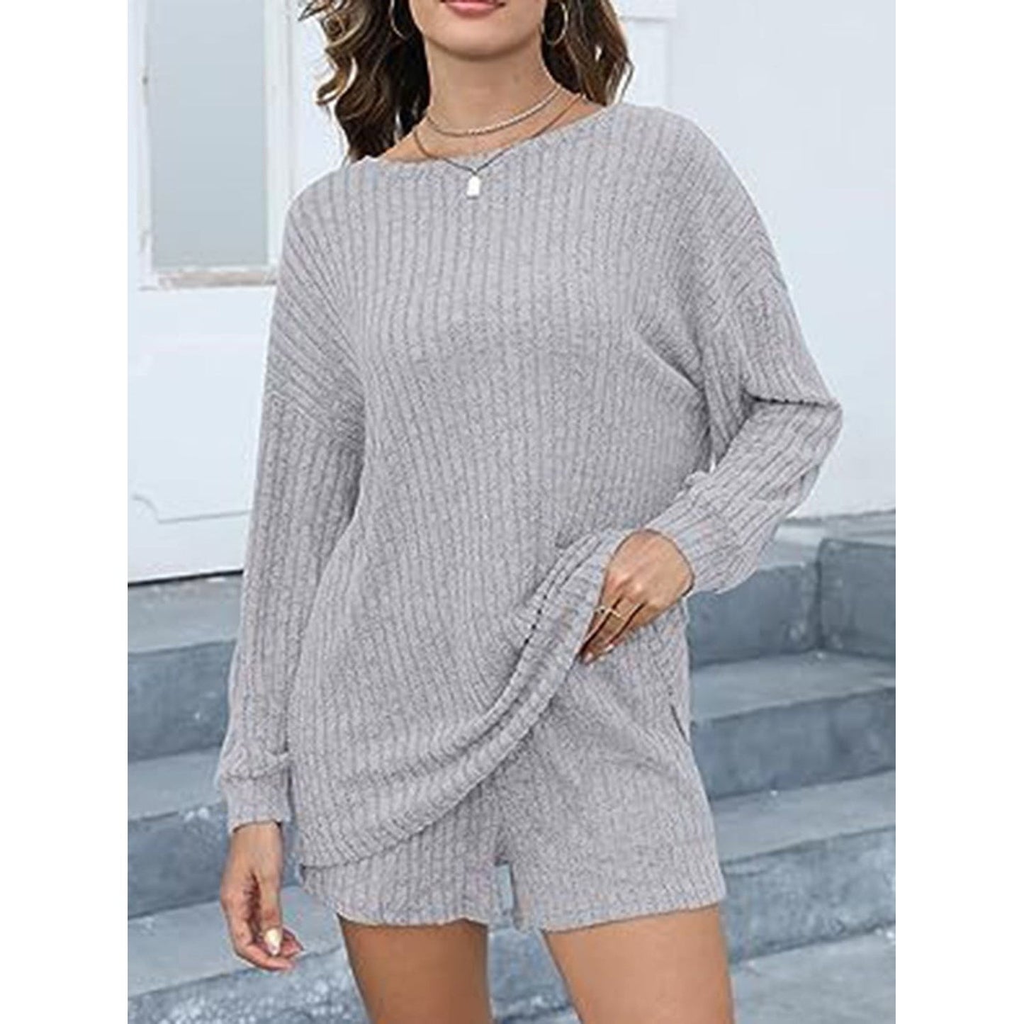 Round Neck Dropped Shoulder Top and Shorts Set