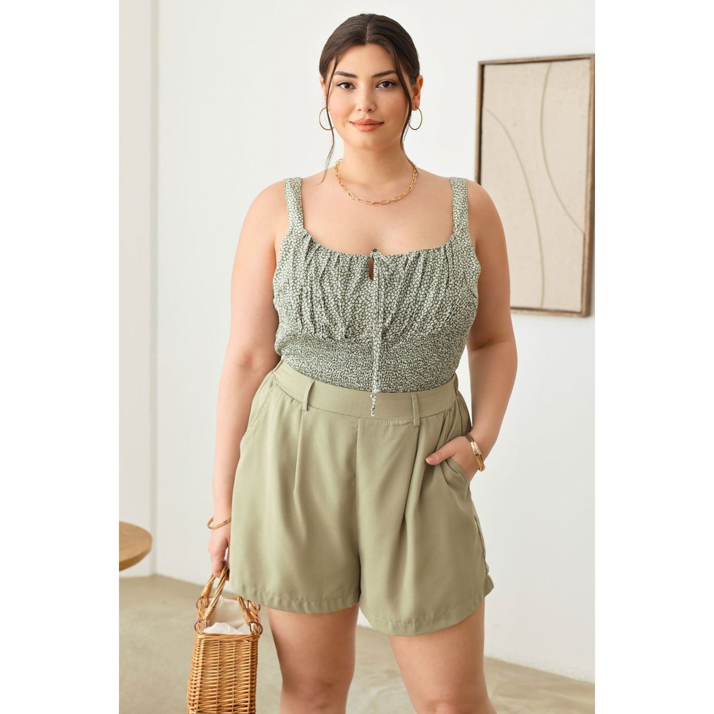 Zenobia Plus Size Half Elastic Waist Shorts with Pockets