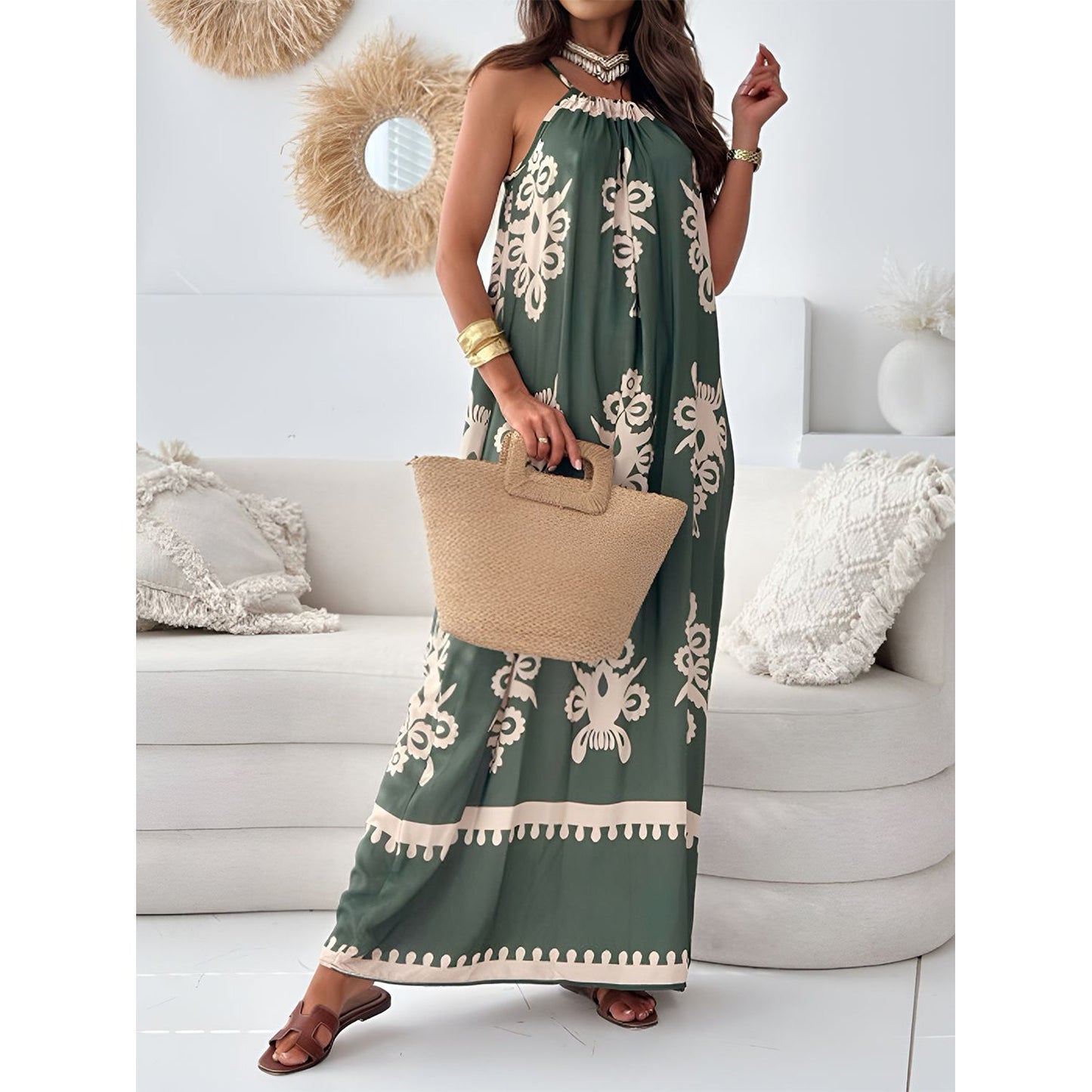 Printed Spaghetti Strap Sleeveless Maxi Dress