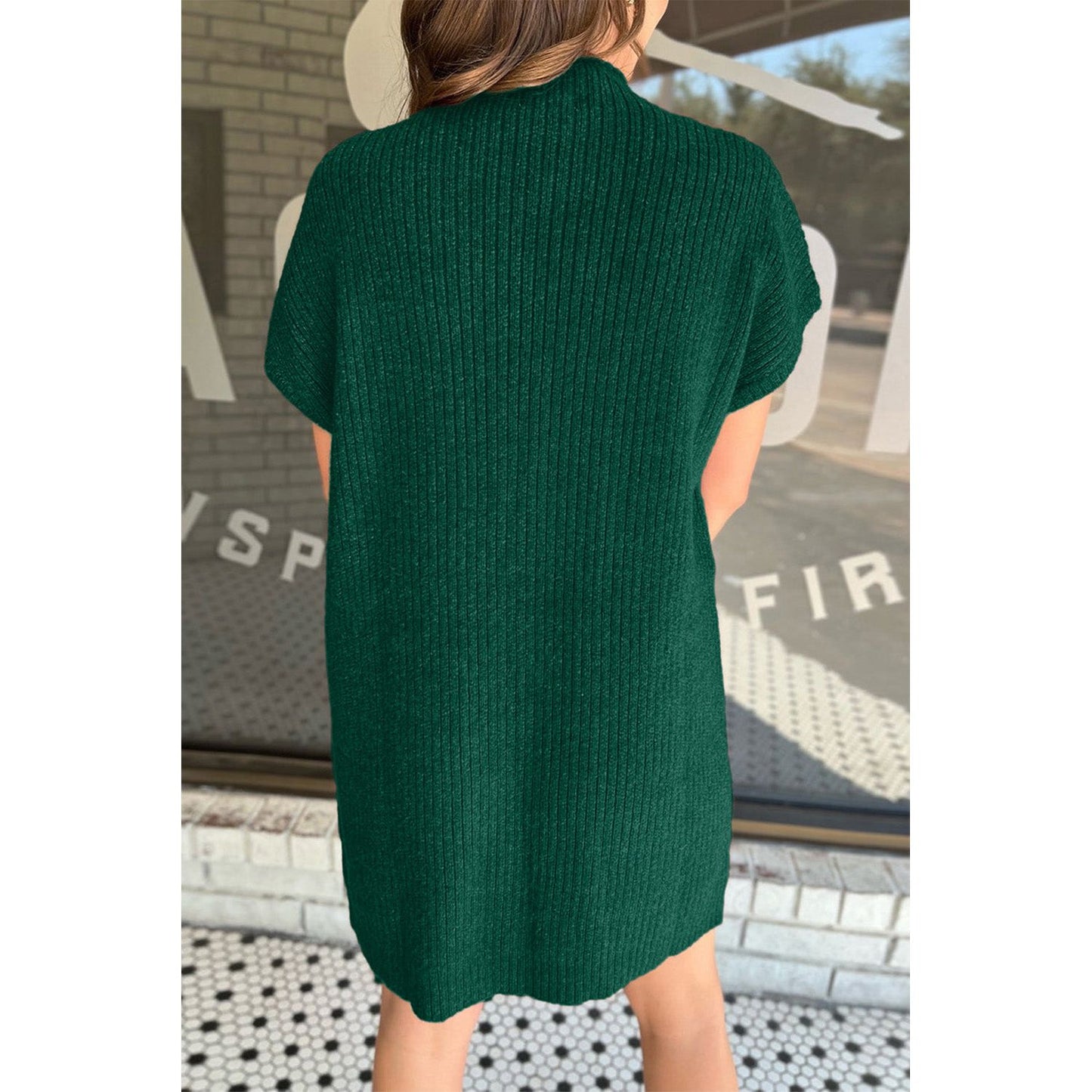 Ribbed Pocketed Mock Neck Short Sleeve Sweater