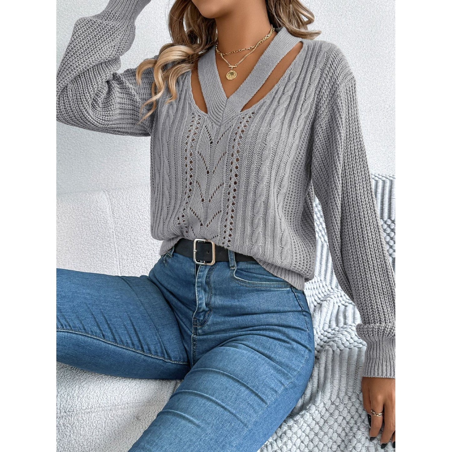 Cutout V-Neck Long Sleeve Sweater