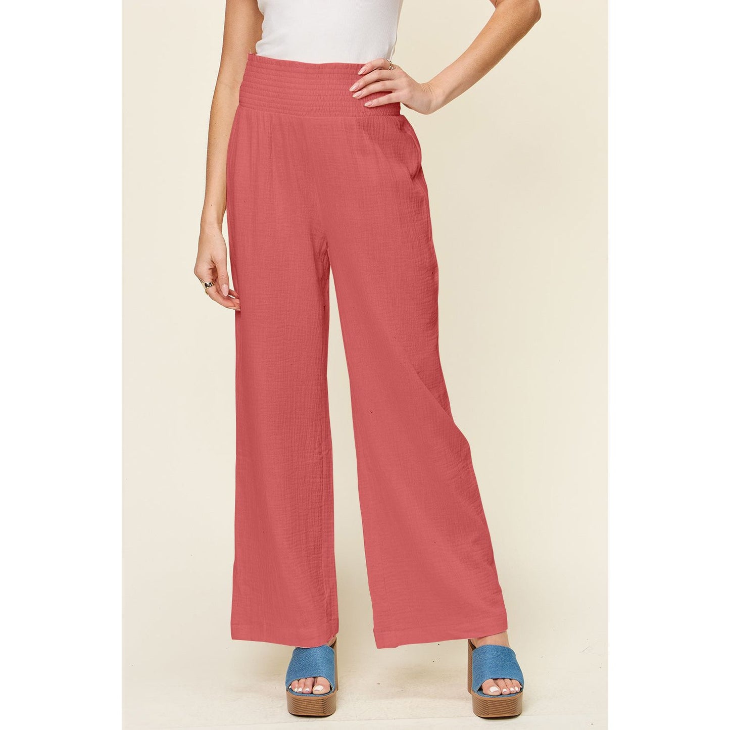 Double Take Full Size Texture Smocked Waist Wide Leg Pants