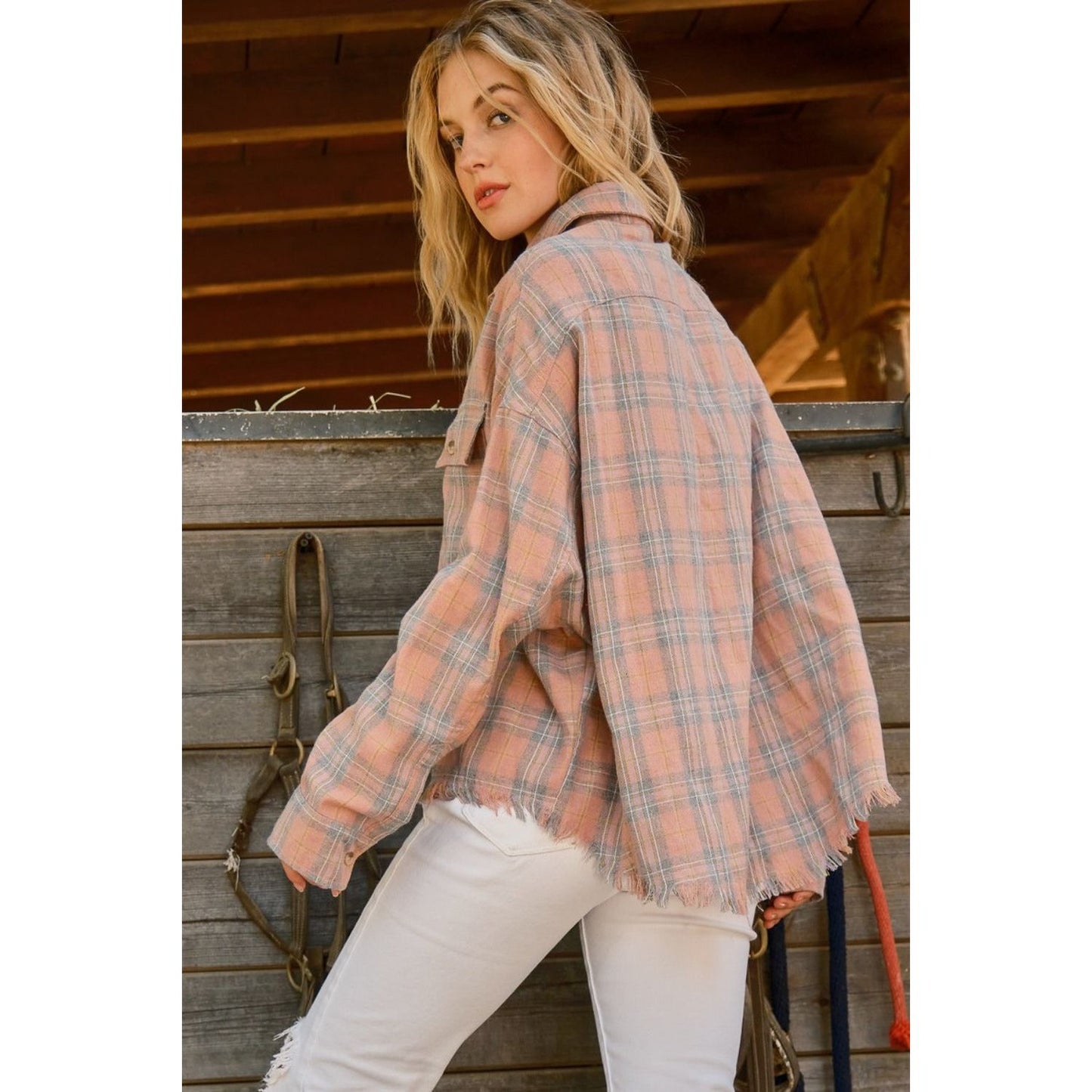 And The Why Full Size Plaid Button Up Raw Hem Shirt