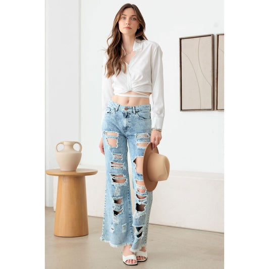 Litz La Distressed Frayed Hem Flare Jeans