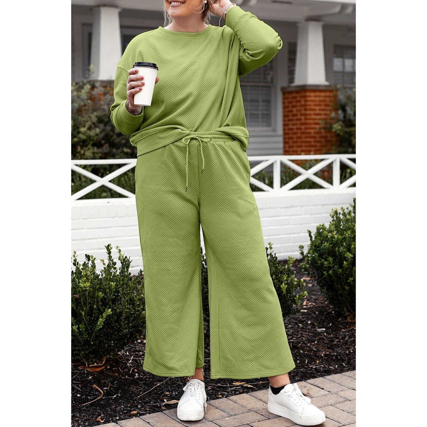 Double Take Full Size Textured Long Sleeve Top and Drawstring Pants Set