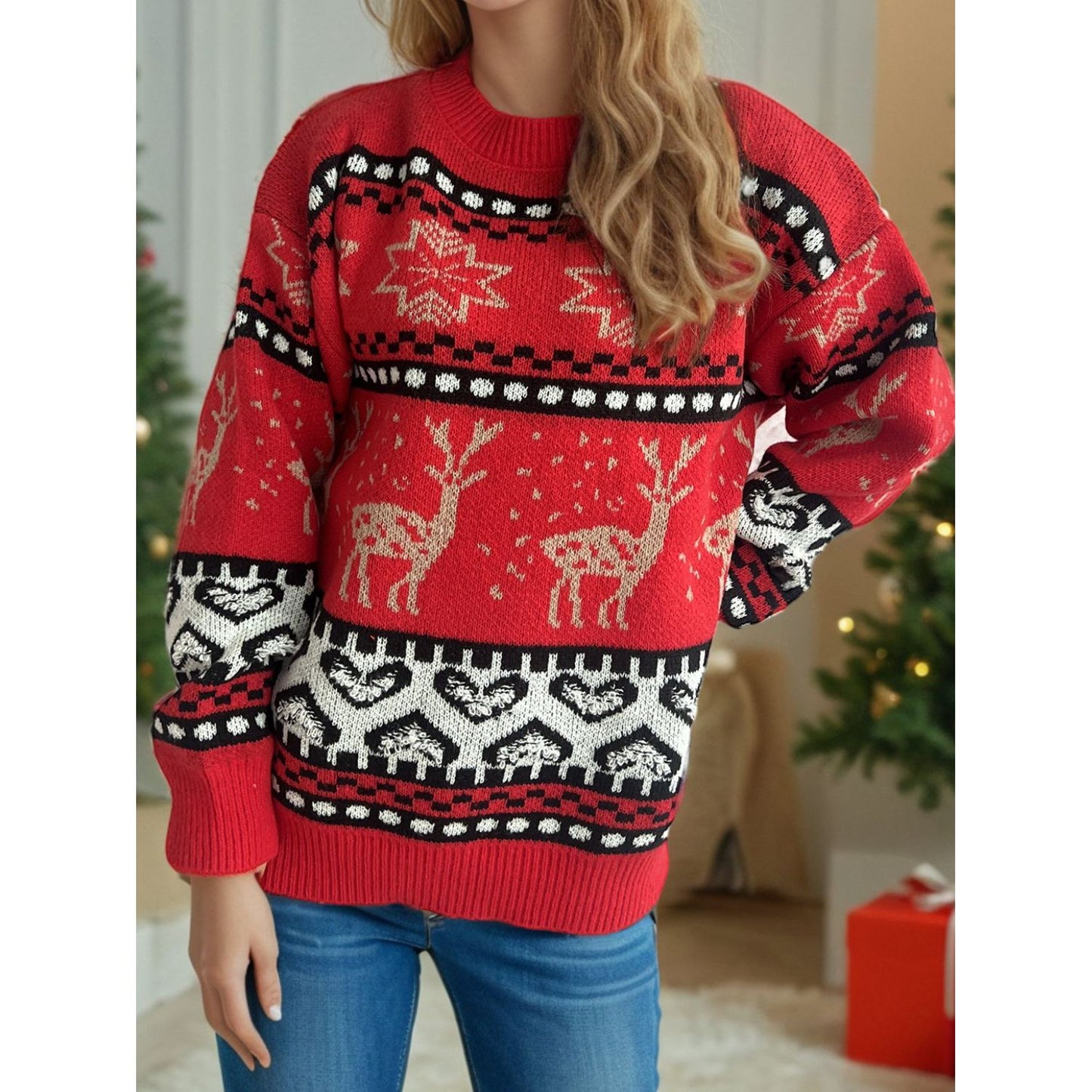 Christmas Element Round Neck Long Sleeve Sweater