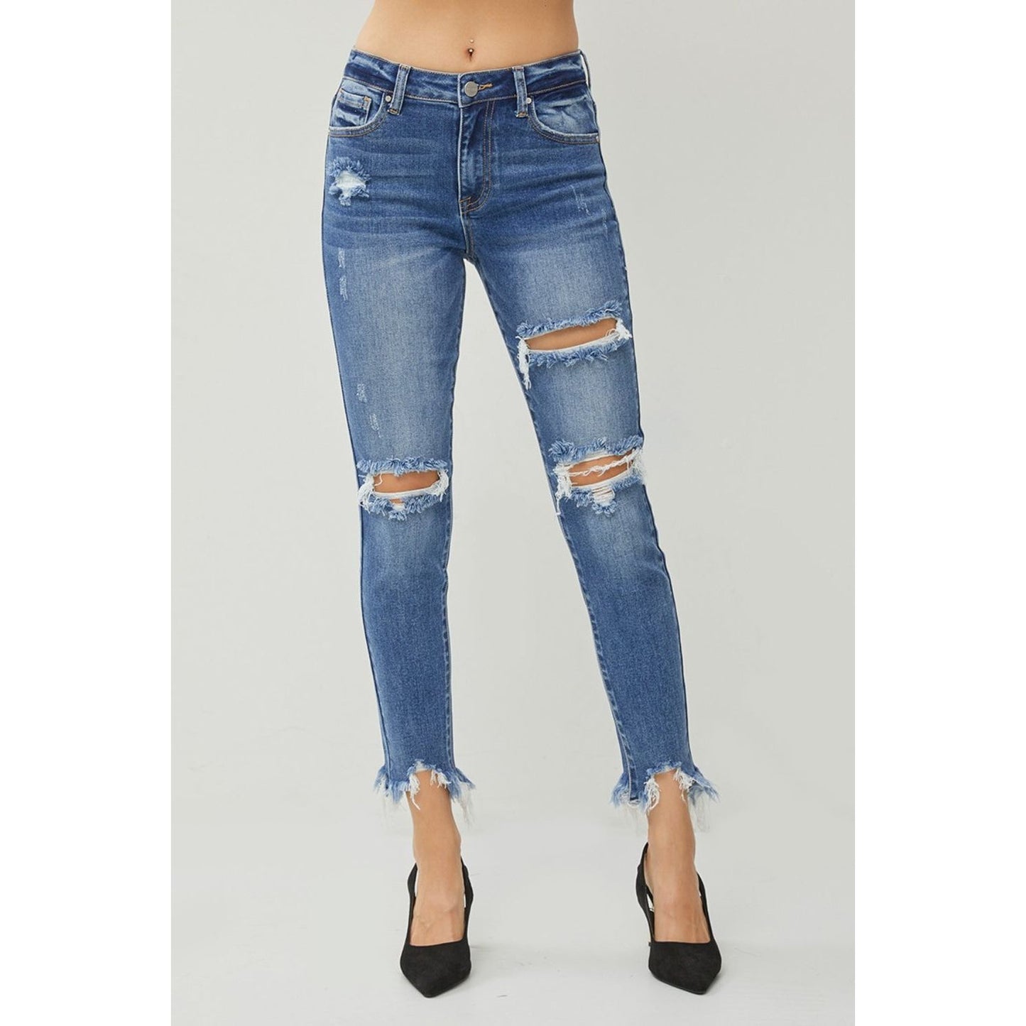 RISEN Distressed Frayed Hem Slim Jeans