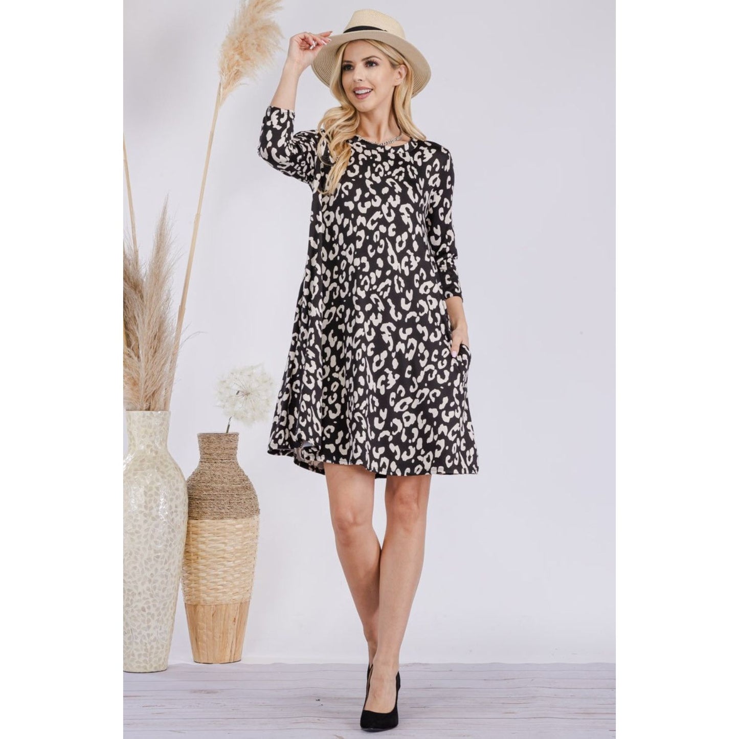 Celeste Full Size Leopard Three-Quarter Sleeve Dress with Pockets