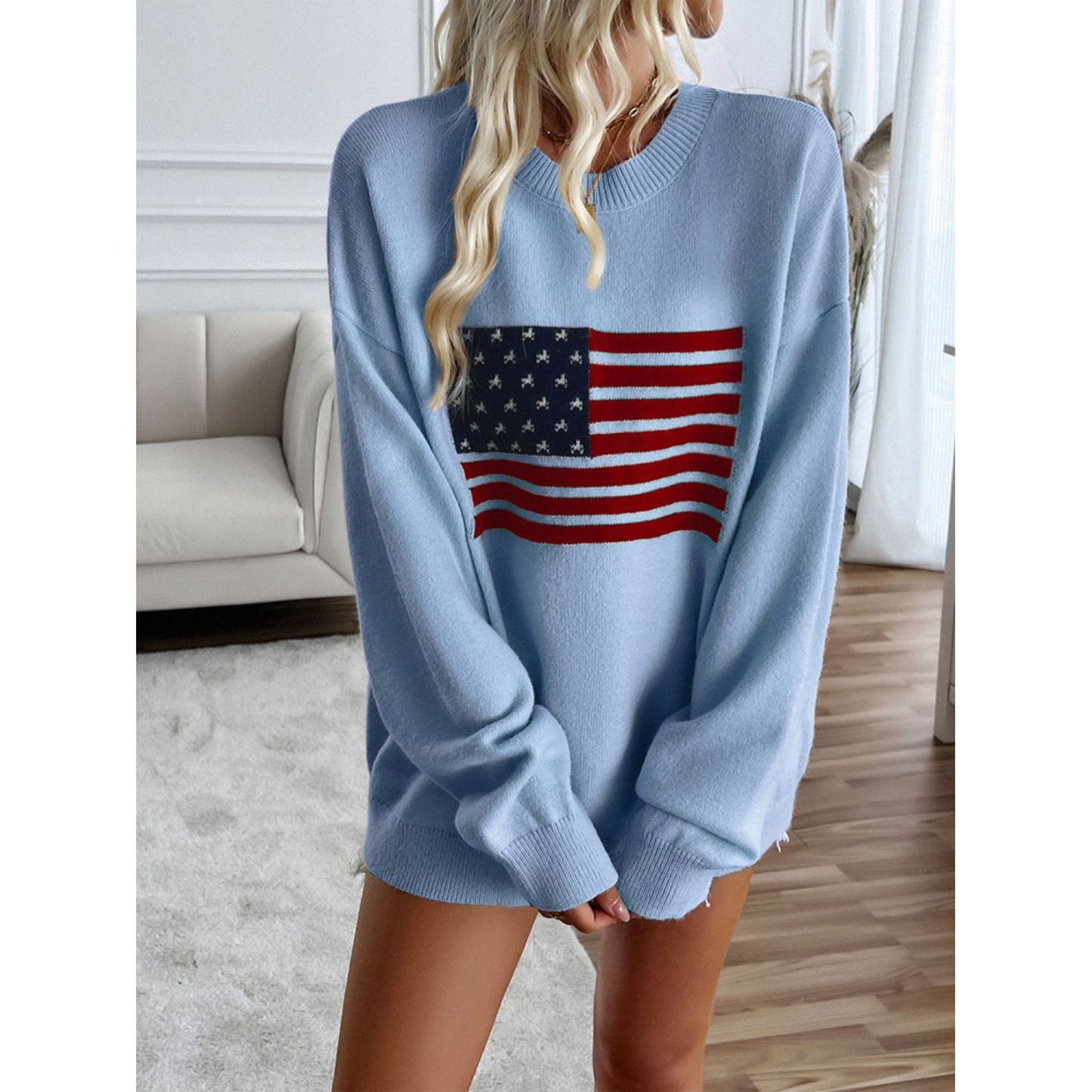 Devine US Flag Round Neck Long Sleeve Knit Top