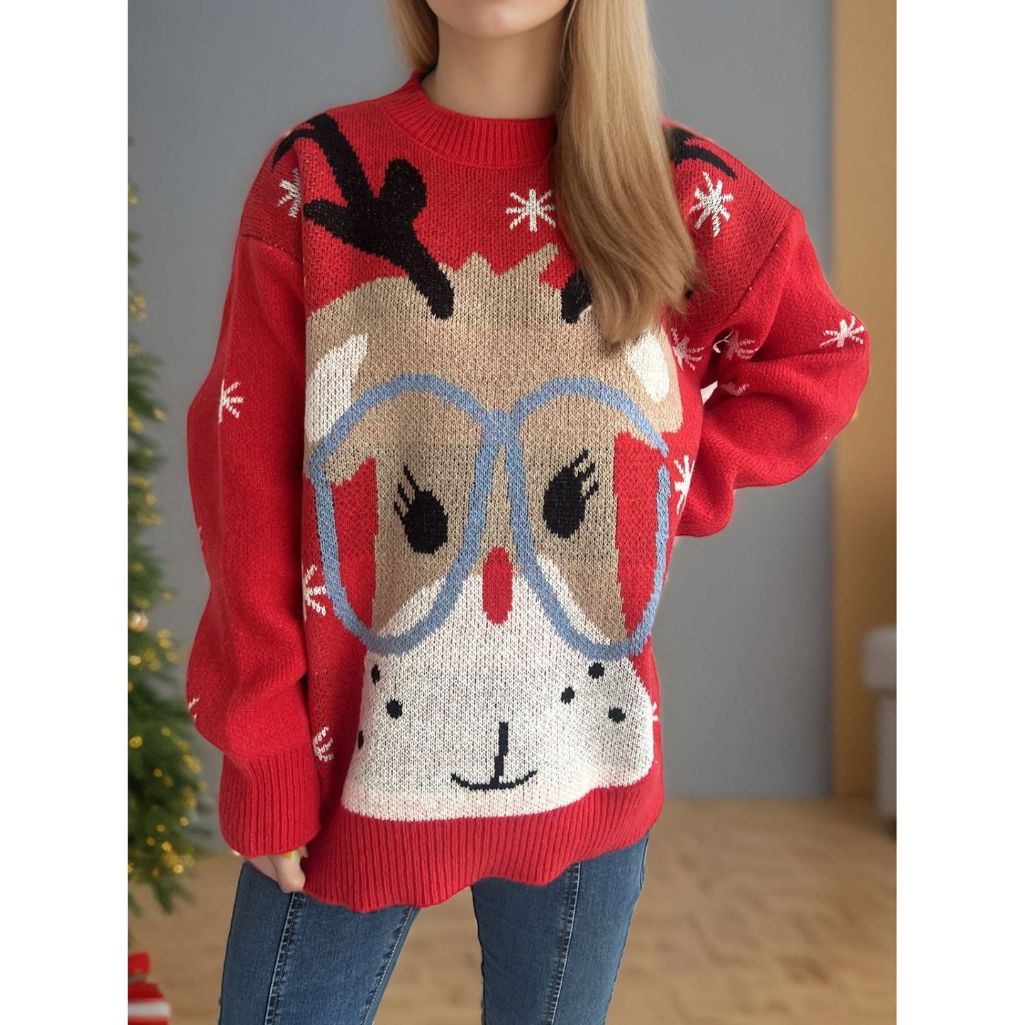 Reindeer Round Neck Dropped Shoulder Sweater