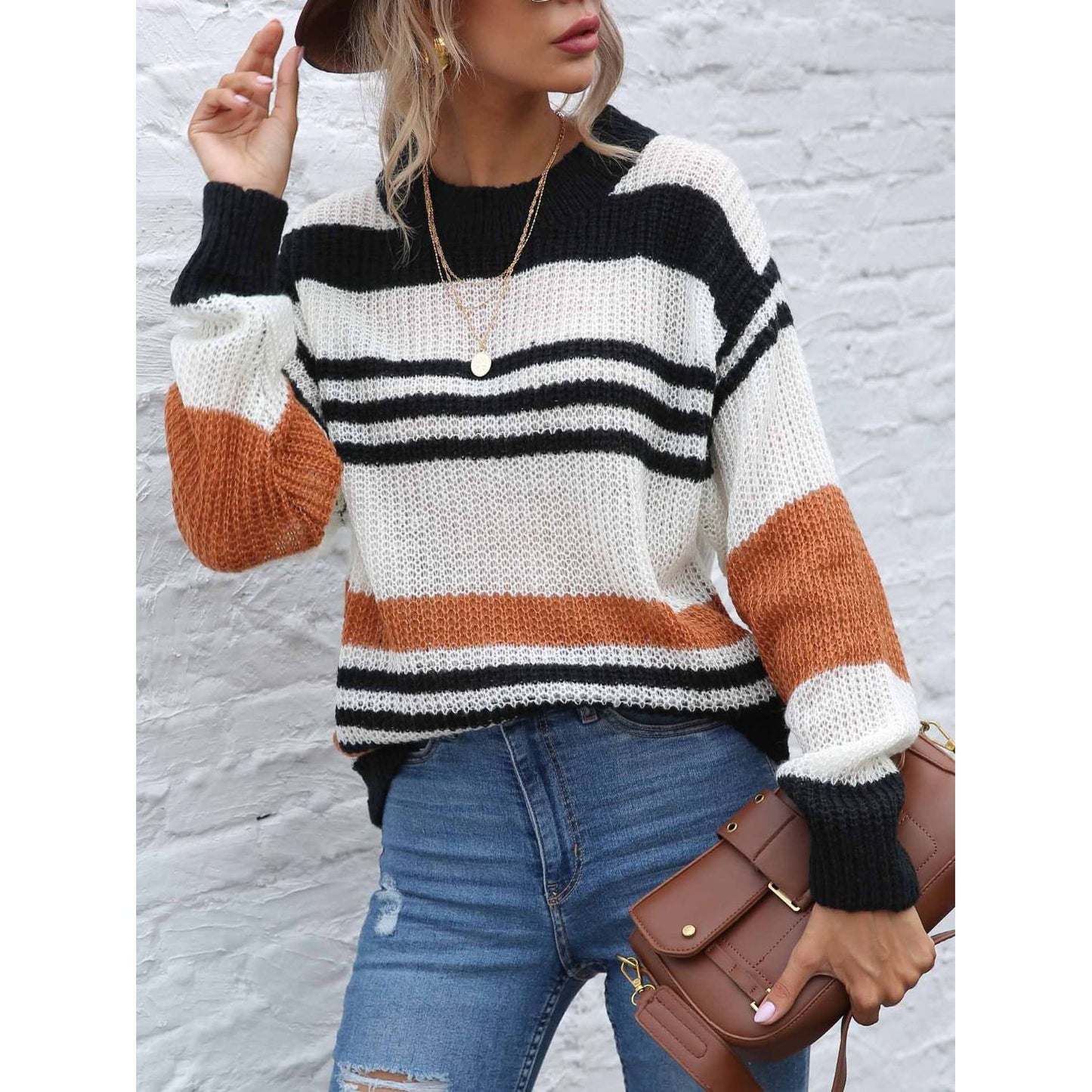 Contrast Striped Round Neck Long Sleeve Sweater