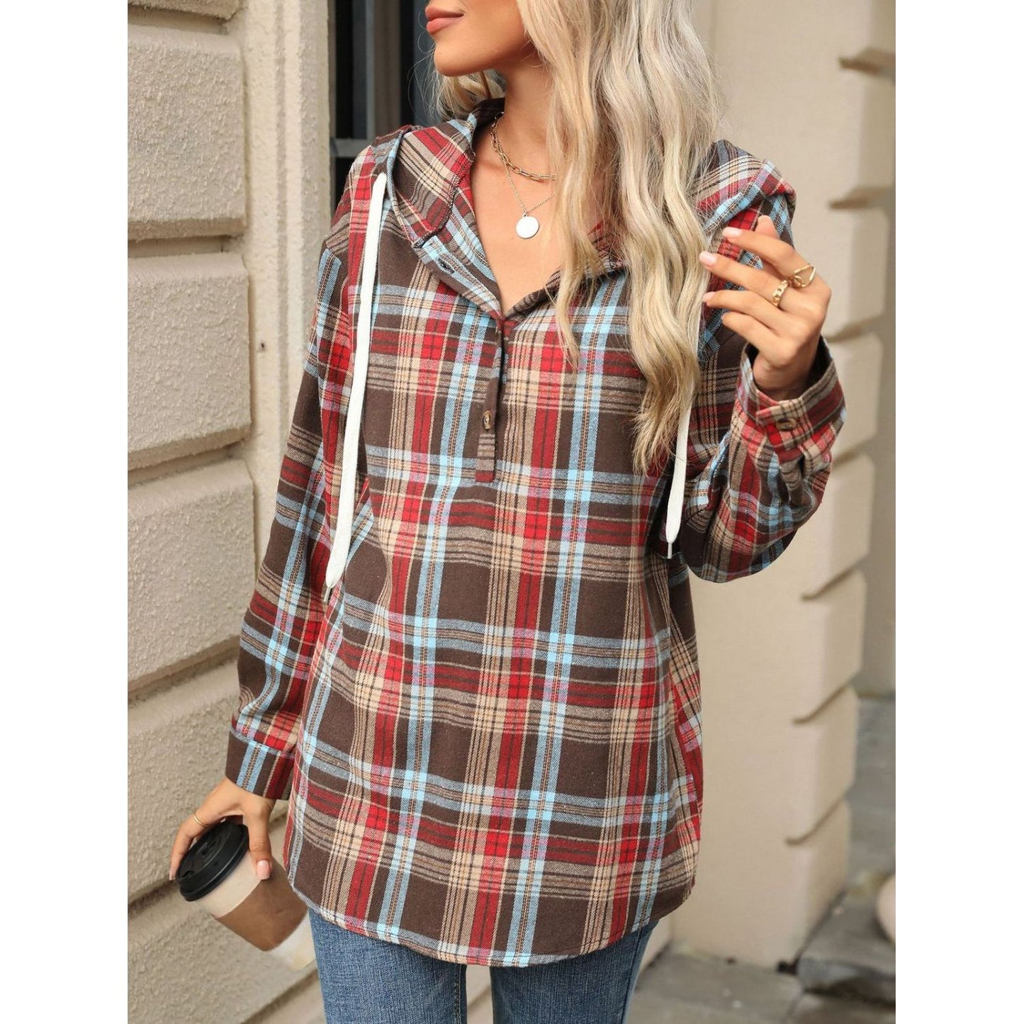 Drawstring Plaid Hooded Long Sleeve Top