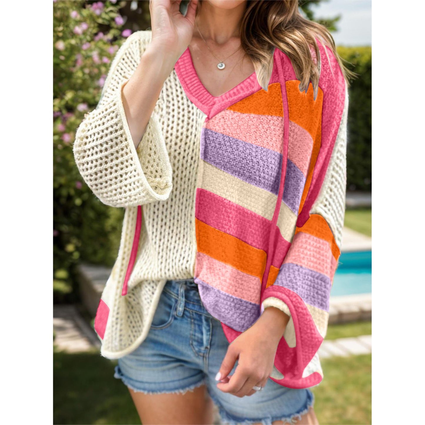 Openwork Color Block Hooded Sweater