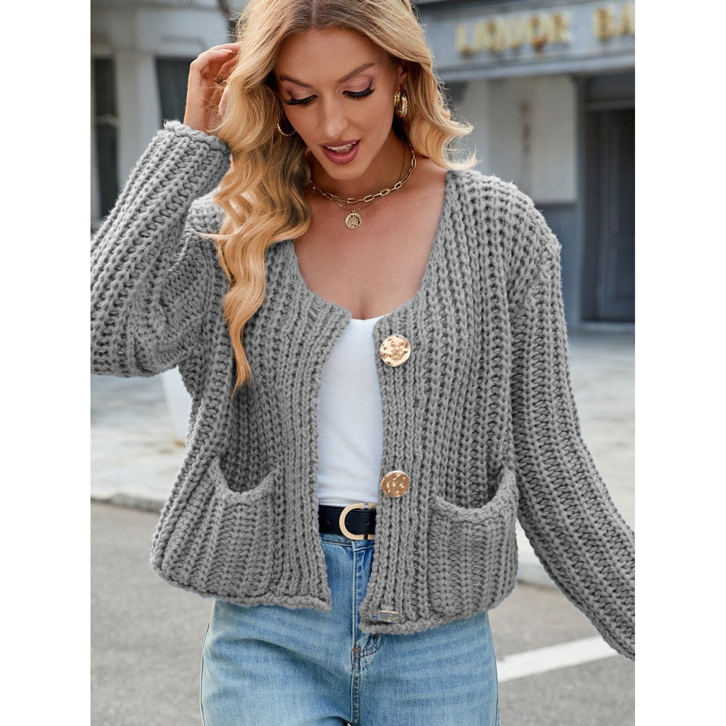 Round Neck Button Up Cardigan with Pockets