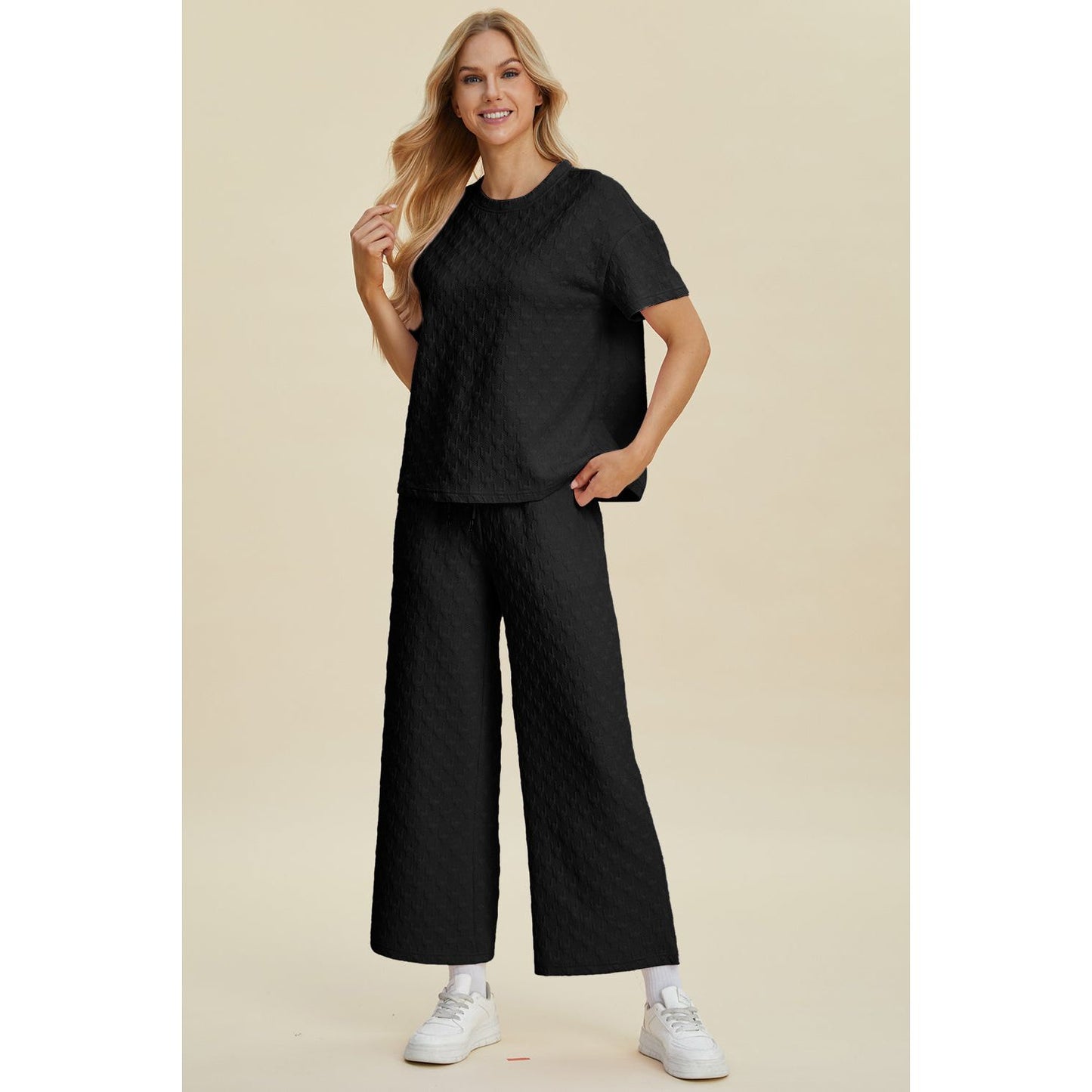 Double Take Full Size Texture Round Neck Short Sleeve Top and Pants Set