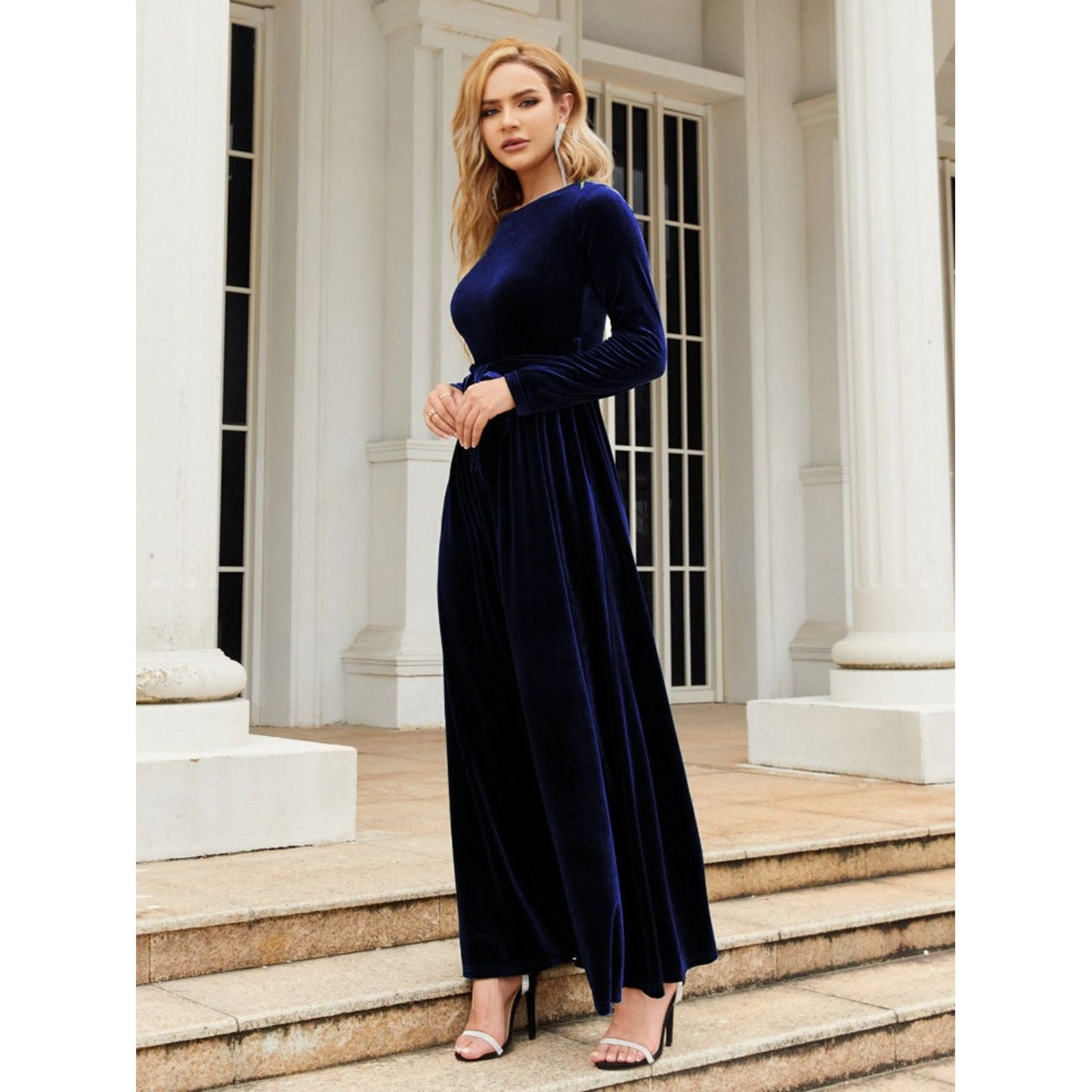 Tie Front Round Neck Long Sleeve Maxi Dress