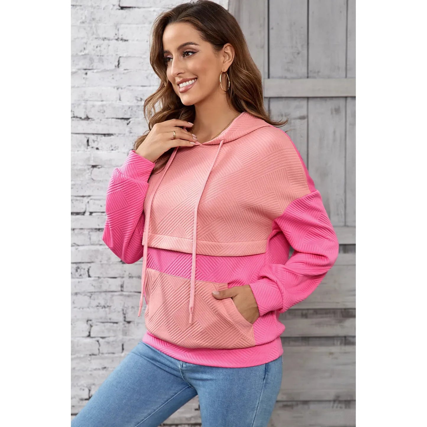 Drawstring Color Block Long Sleeve Hoodie