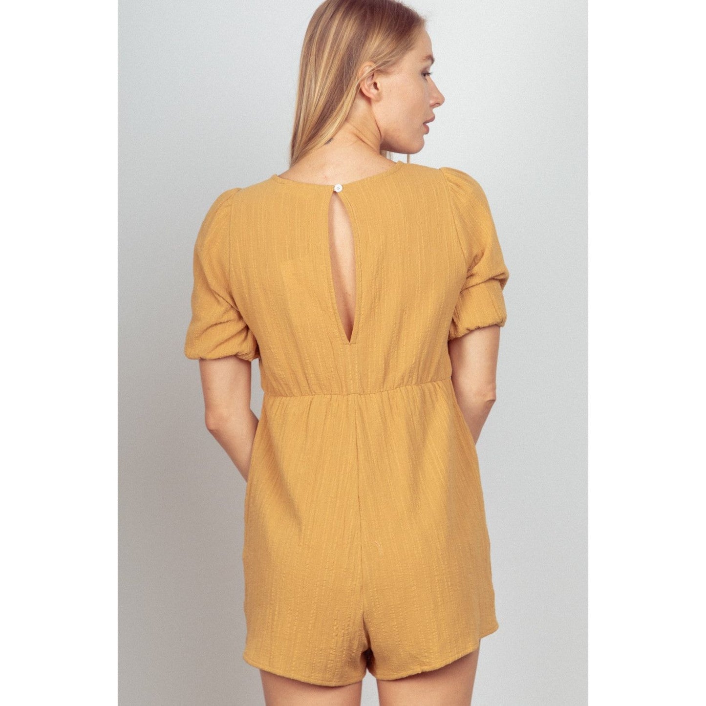 VERY J Lace Detail Puff Sleeve Romper with Pockets