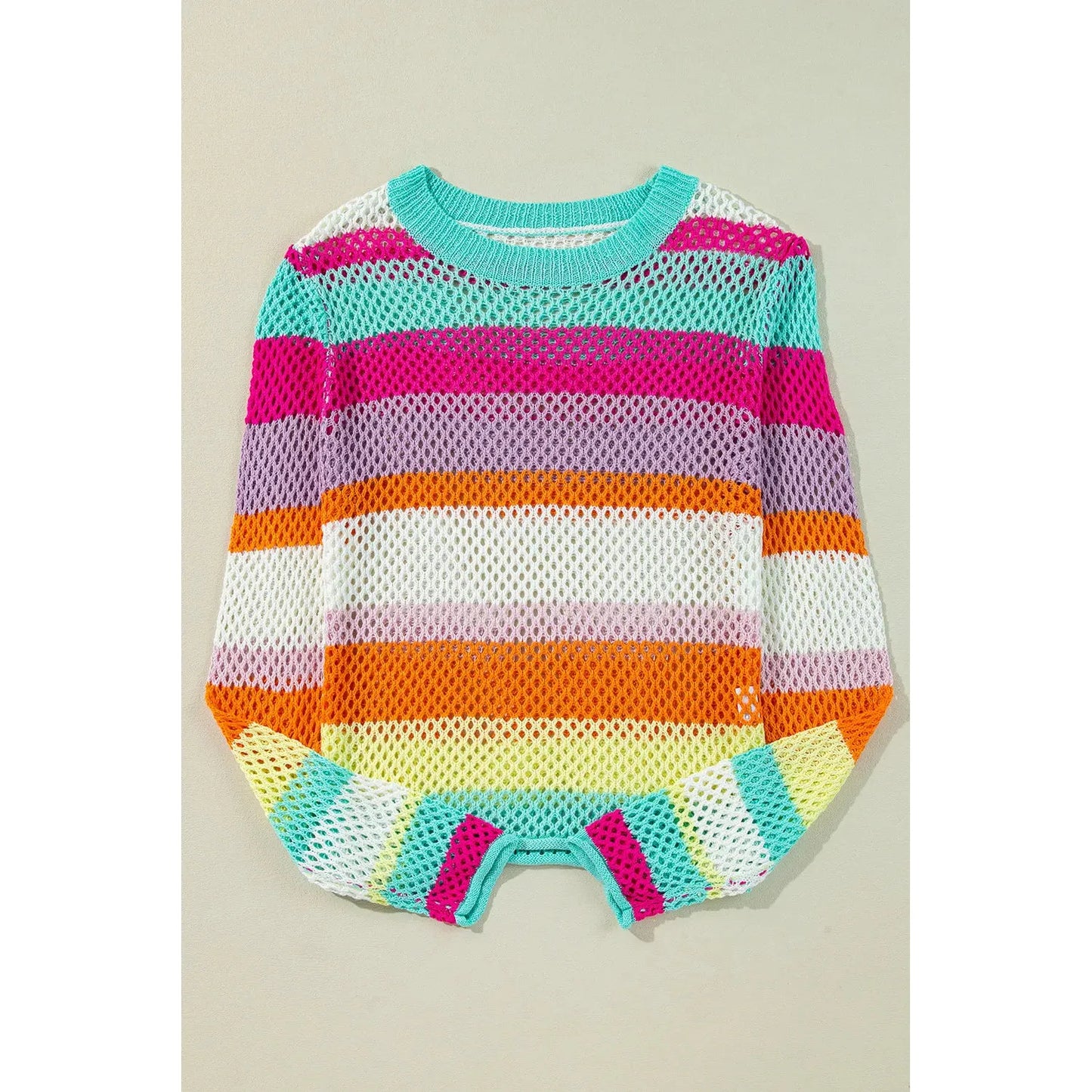 Openwork Color Block Round Neck Knit Top