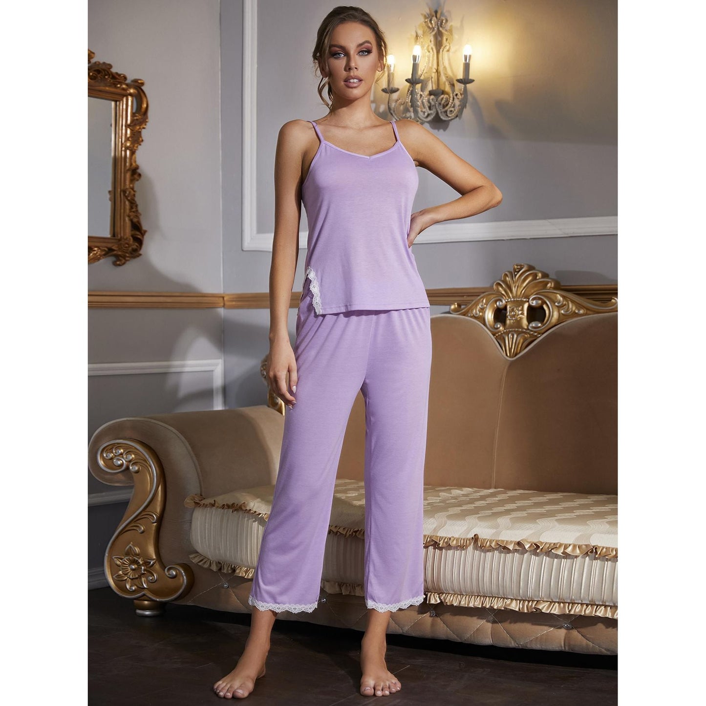 V-Neck Lace Trim Slit Cami and Pants Pajama Set