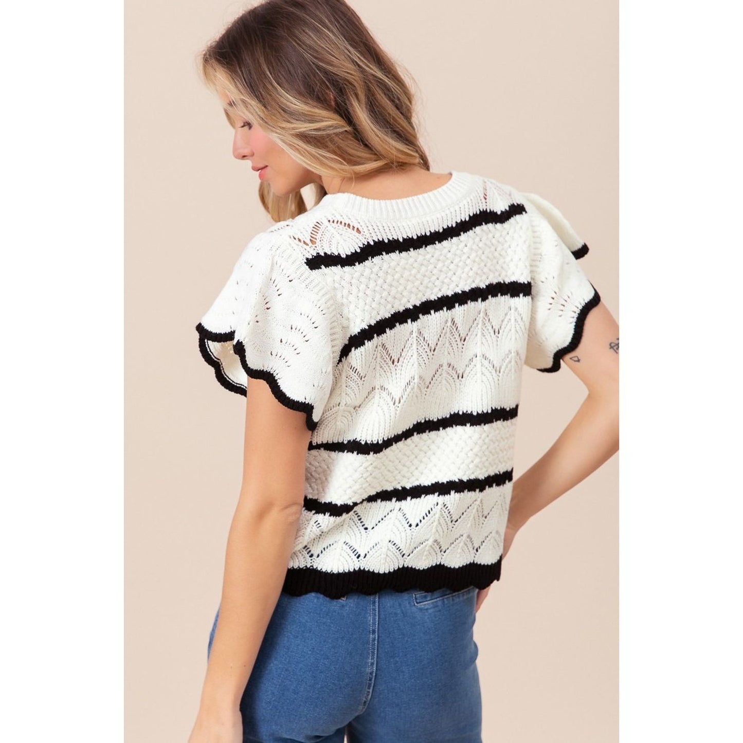 BiBi Pointelle Contrast Striped Short Sleeve Knit Top