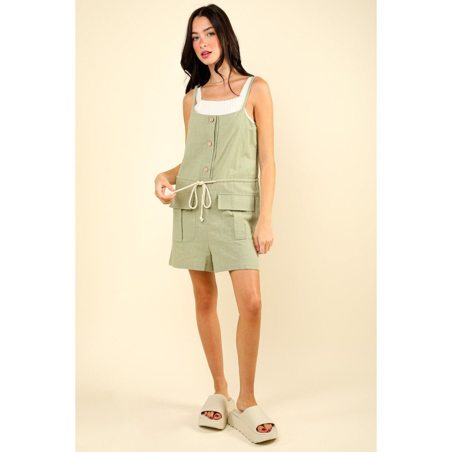 VERY J Half Button Drawstring Sleeveless Romper