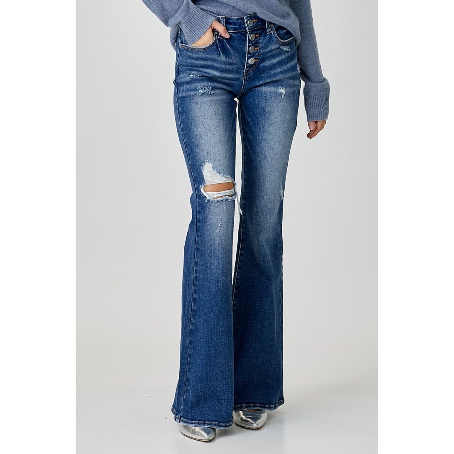 RISEN Distressed Button-Fly Flare Jeans