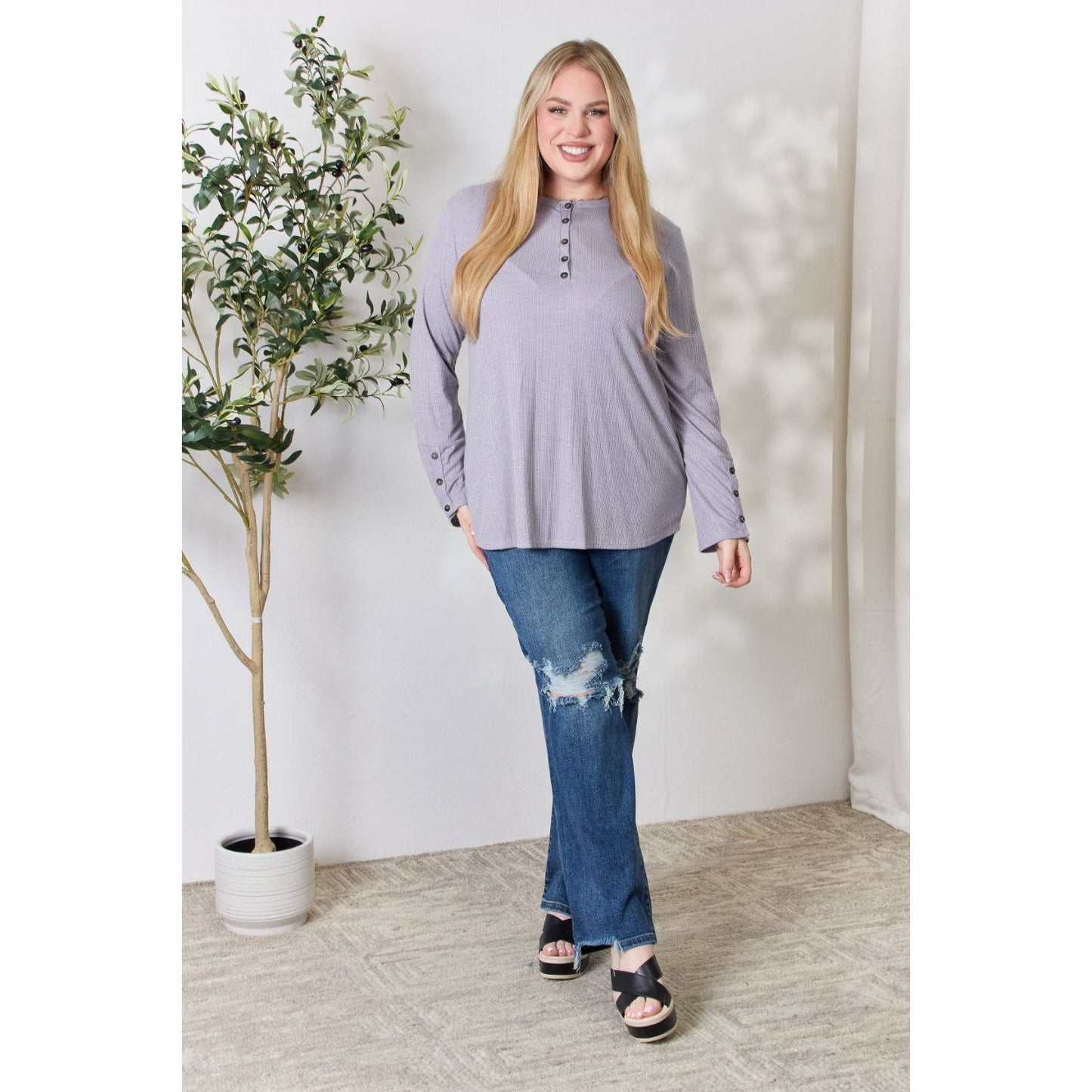 Heimish Full Size Texture Half Button Long Sleeve Top