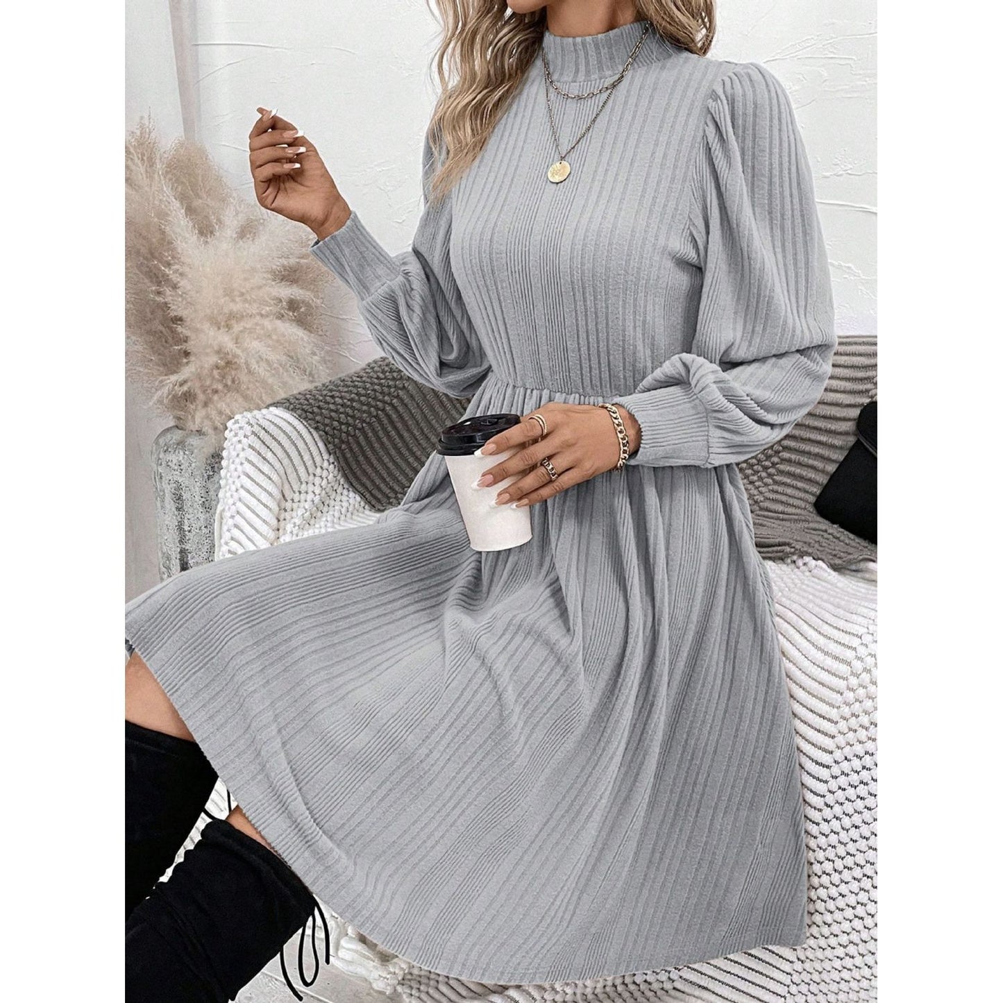 Textured Turtleneck Long Sleeve Dress