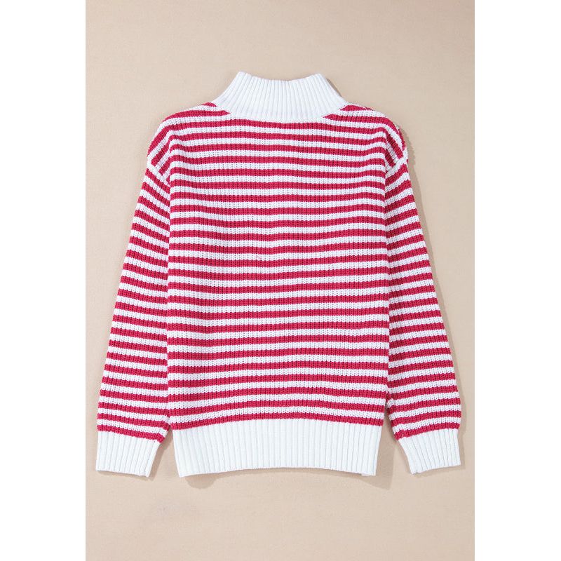 Striped Half Zip Mock Neck Long Sleeve Sweater