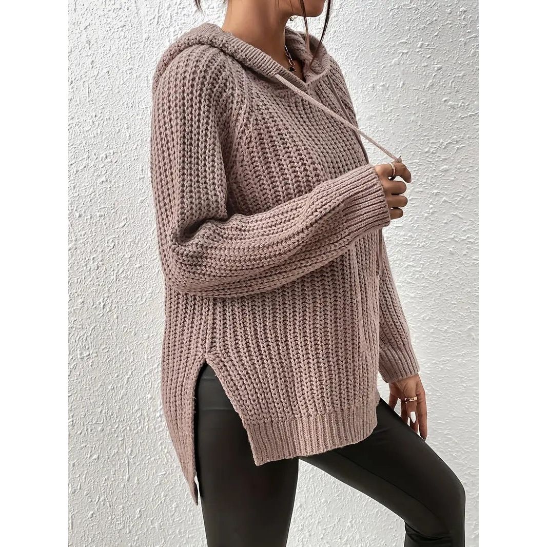 High-Low Side Slit Drawstring Long Sleeve Hooded Sweater