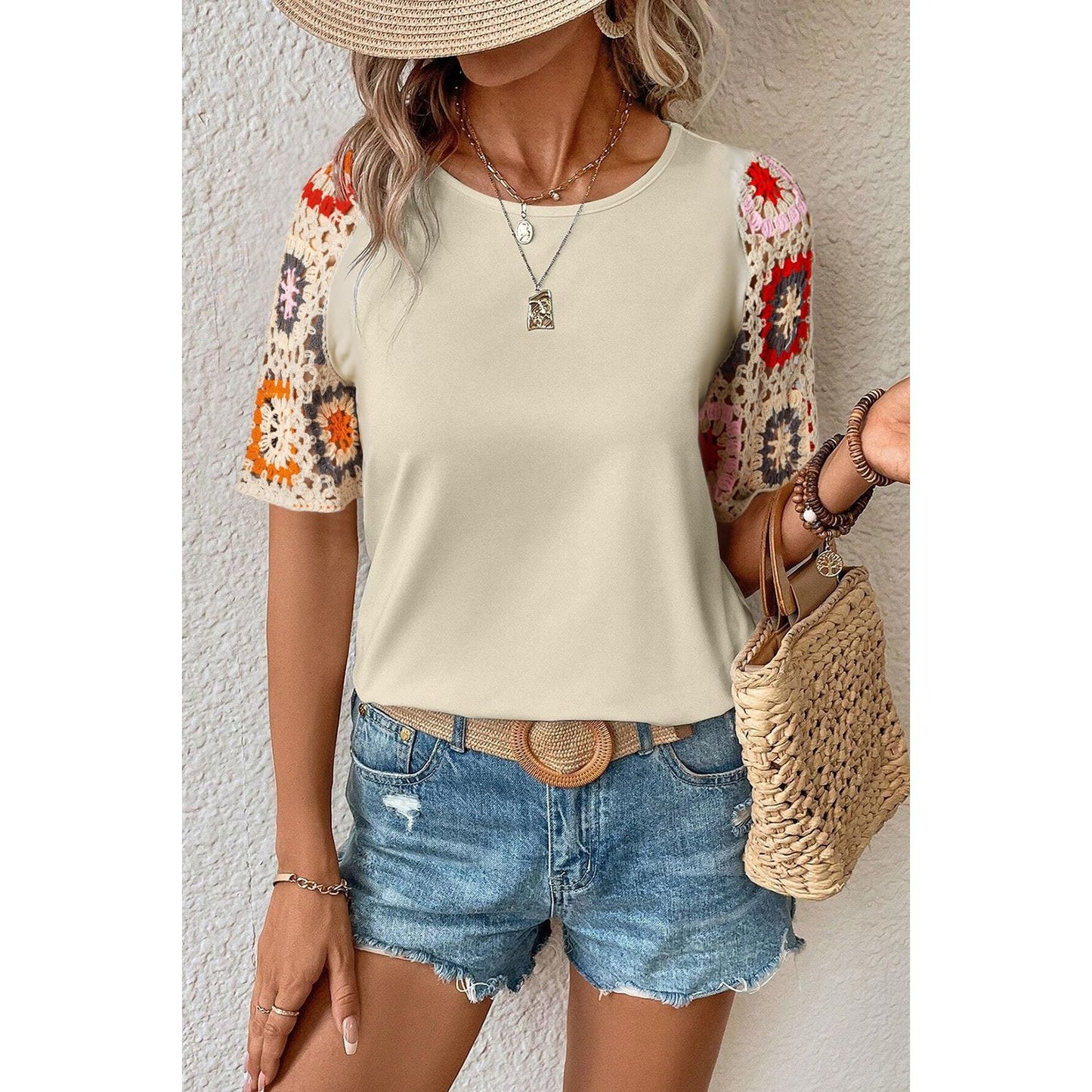 Geometric Round Neck Short Sleeve Blouse