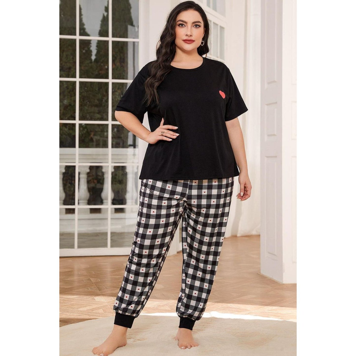 Plus Size Round Neck Short Sleeve Two-Piece Lounge Set