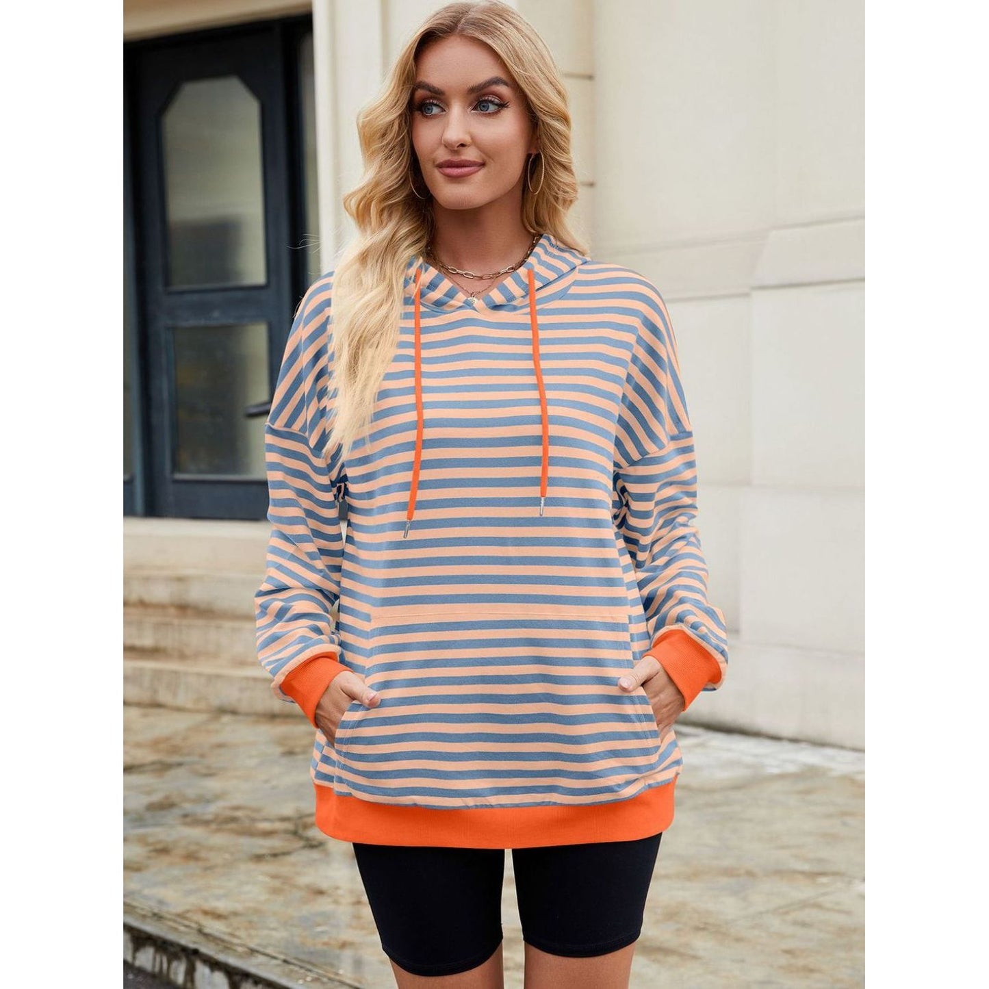 Drawstring Contrast Striped Long Sleeve Hoodie