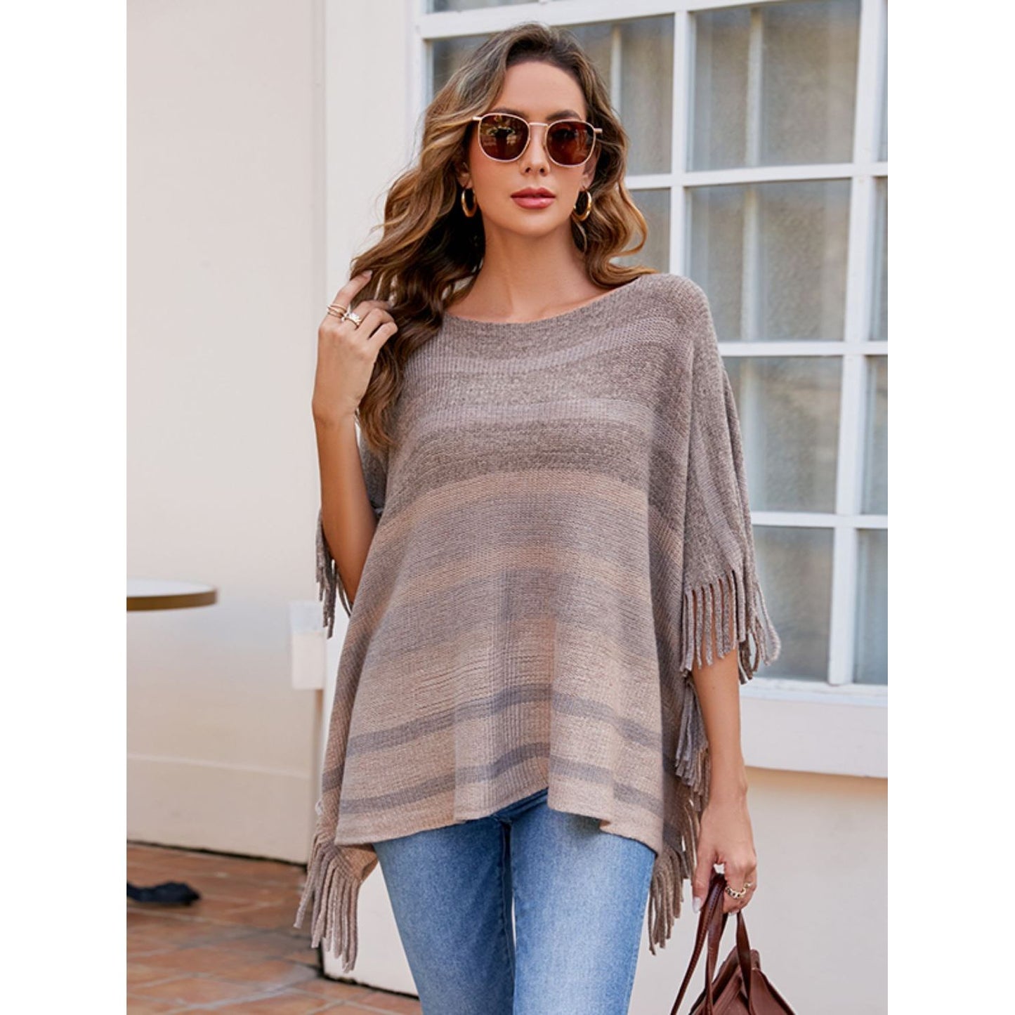 Striped Boat Neck Poncho with Fringes