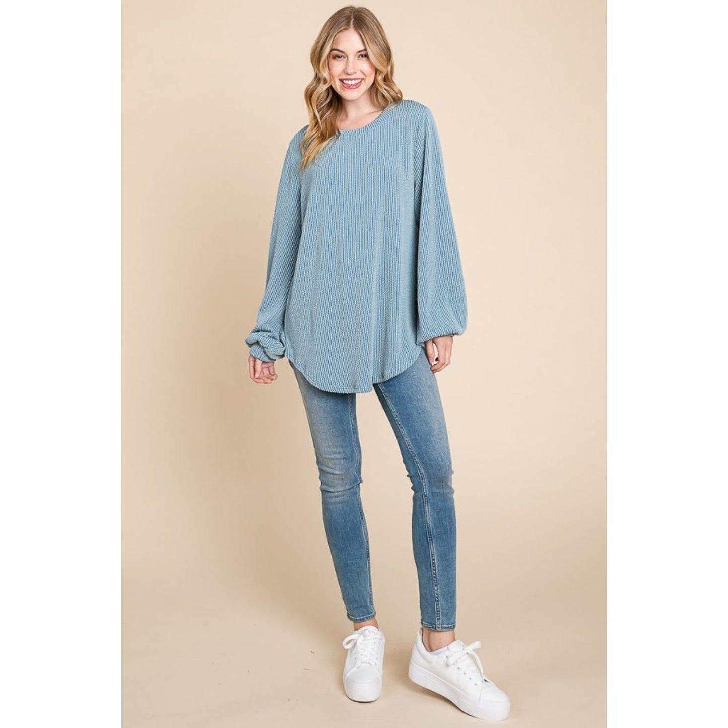 BOMBOM Long Sleeve Curved Hem Ribbed T-Shirt