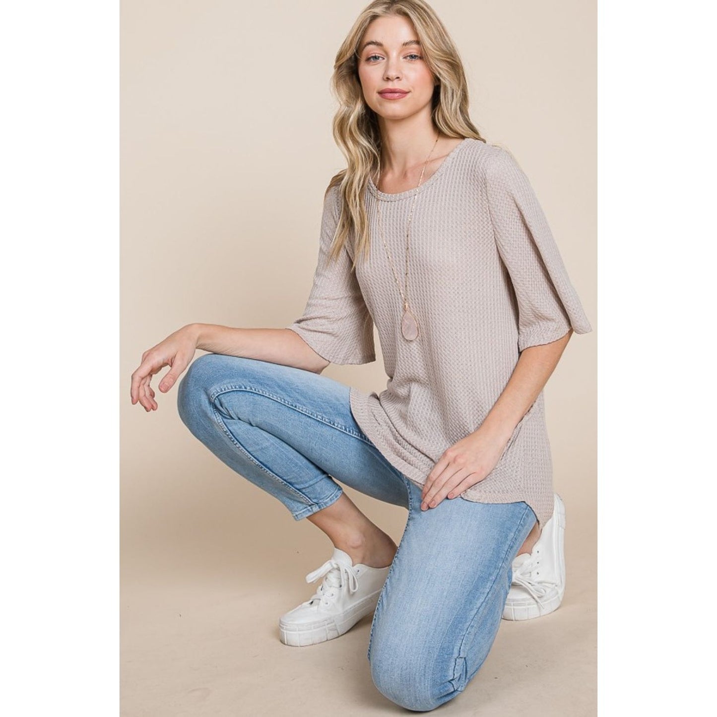 BOMBOM Round Neck Waffle Knit T-Shirt