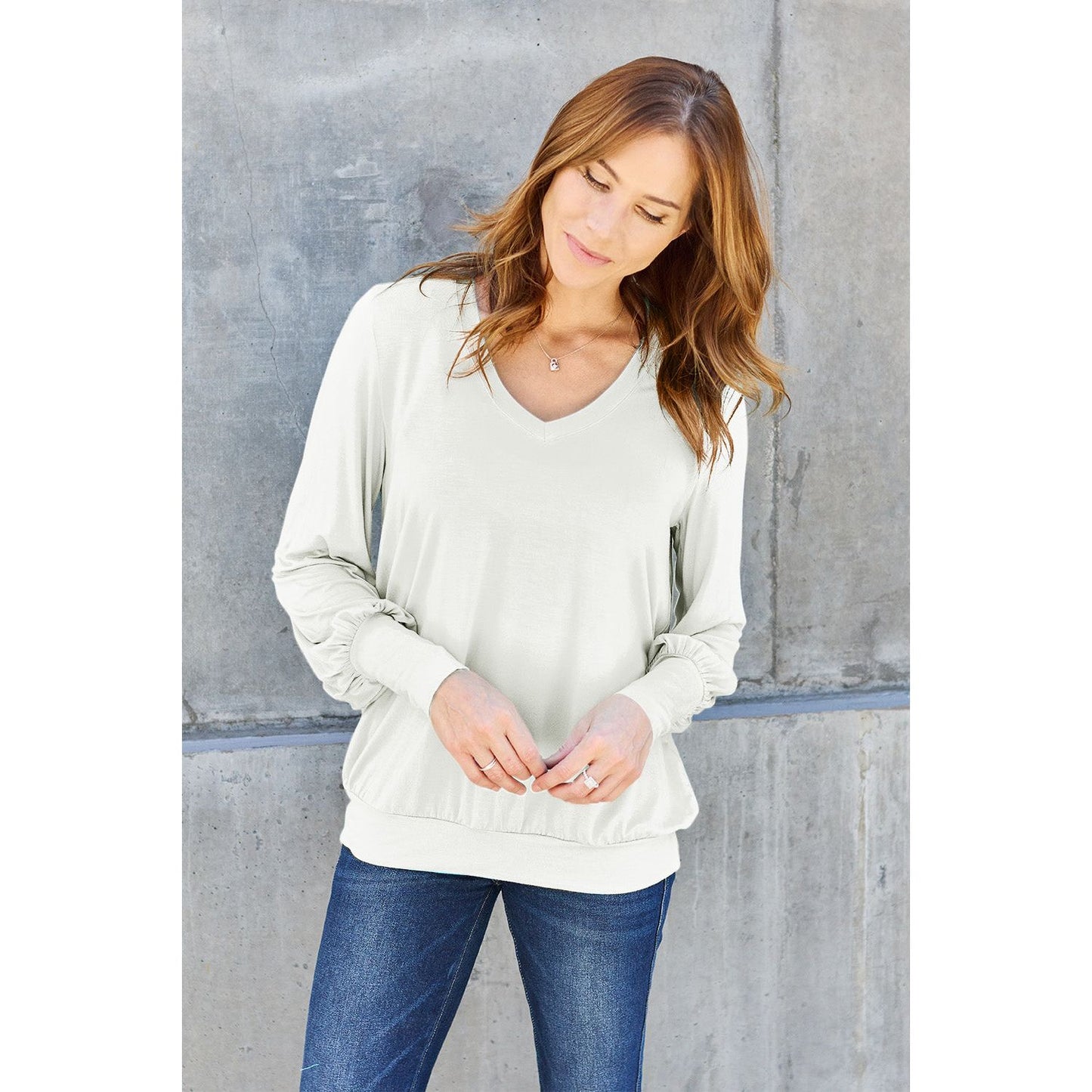 Basic Bae Full Size V-Neck Lantern Sleeve Top