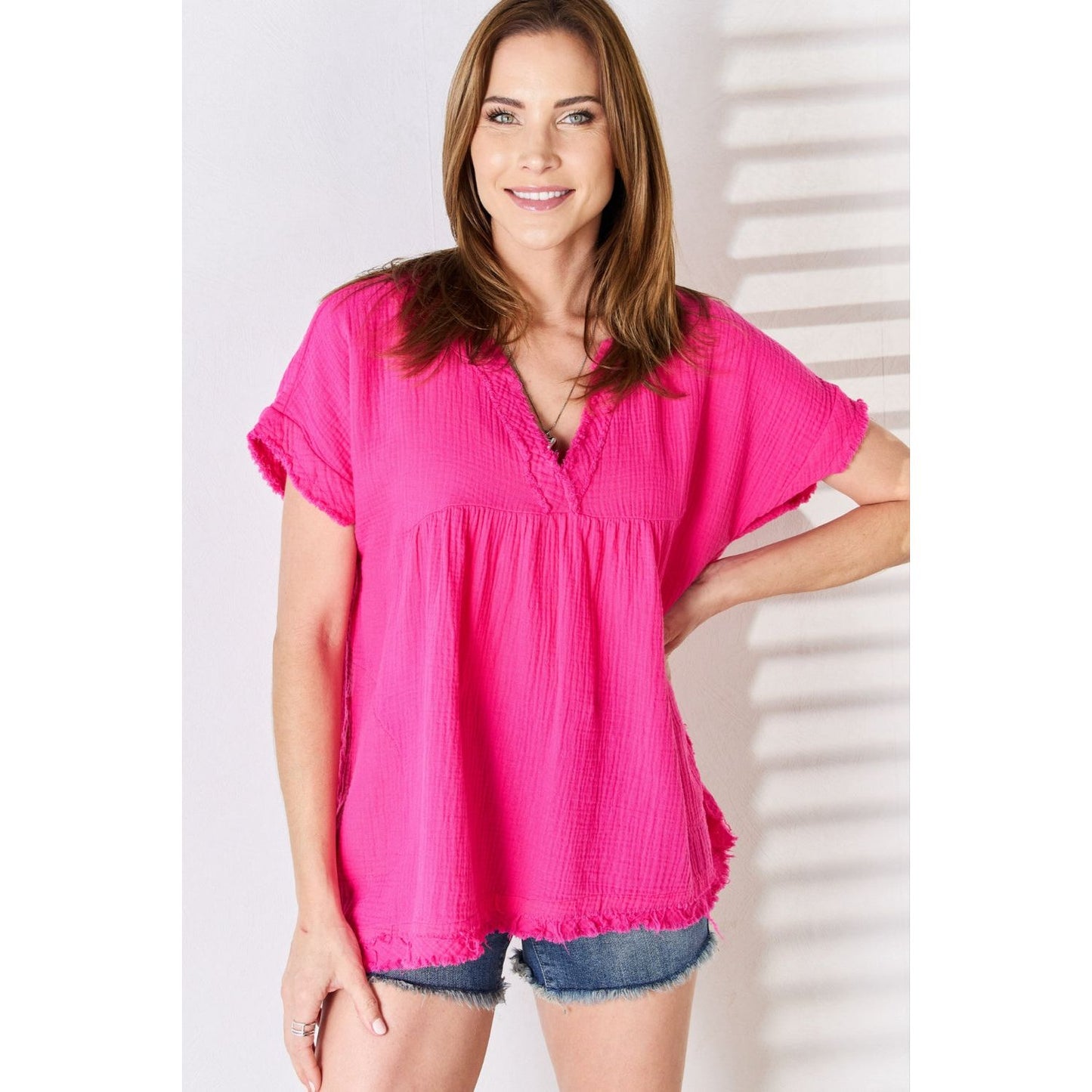 Zenana Full Size Raw Hem Short Sleeve Top