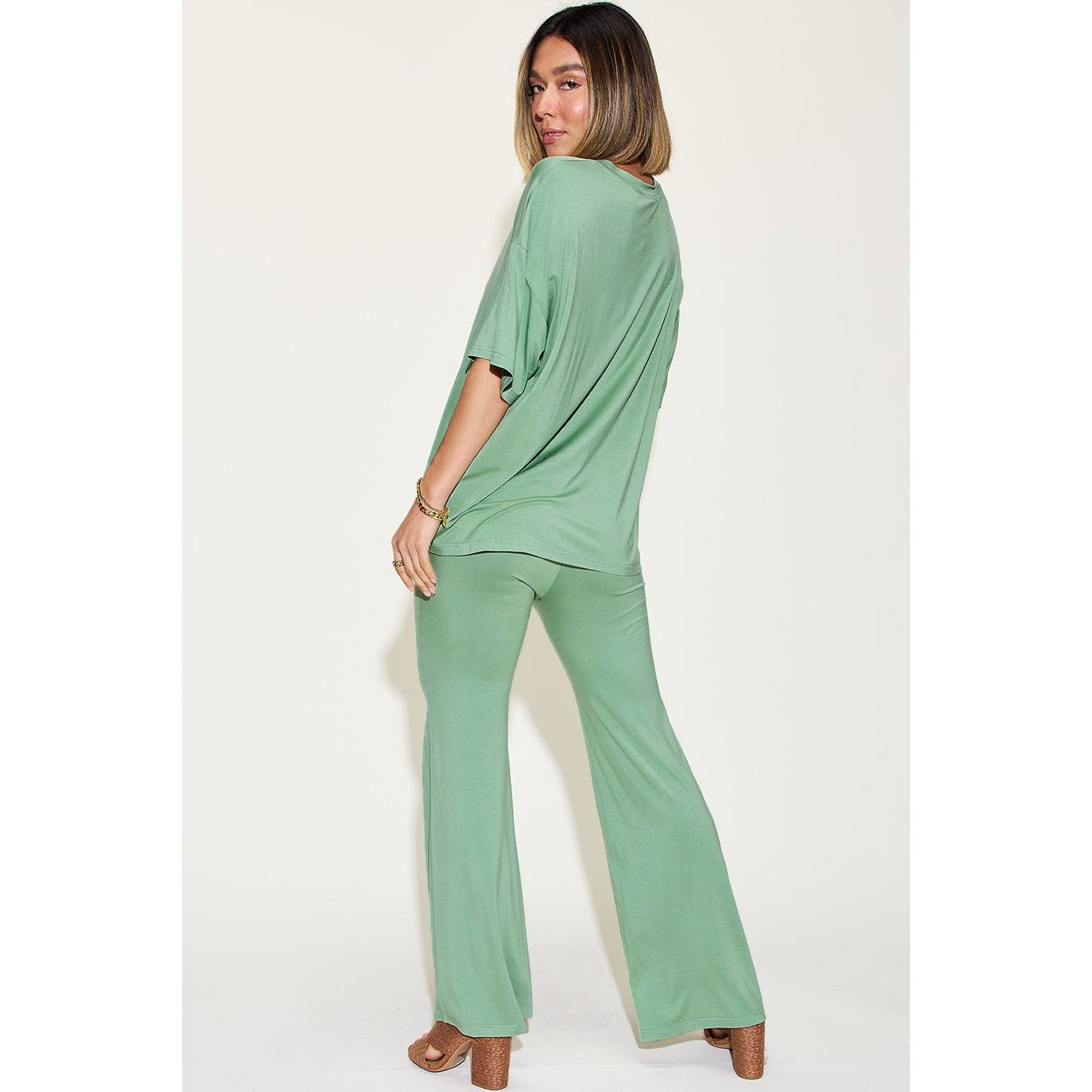 Basic Bae Full Size Bamboo Drop Shoulder T-Shirt and Flare Pants Set