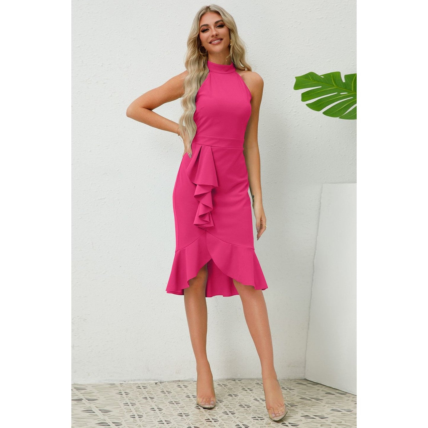 Ruffled Grecian Neck Dress