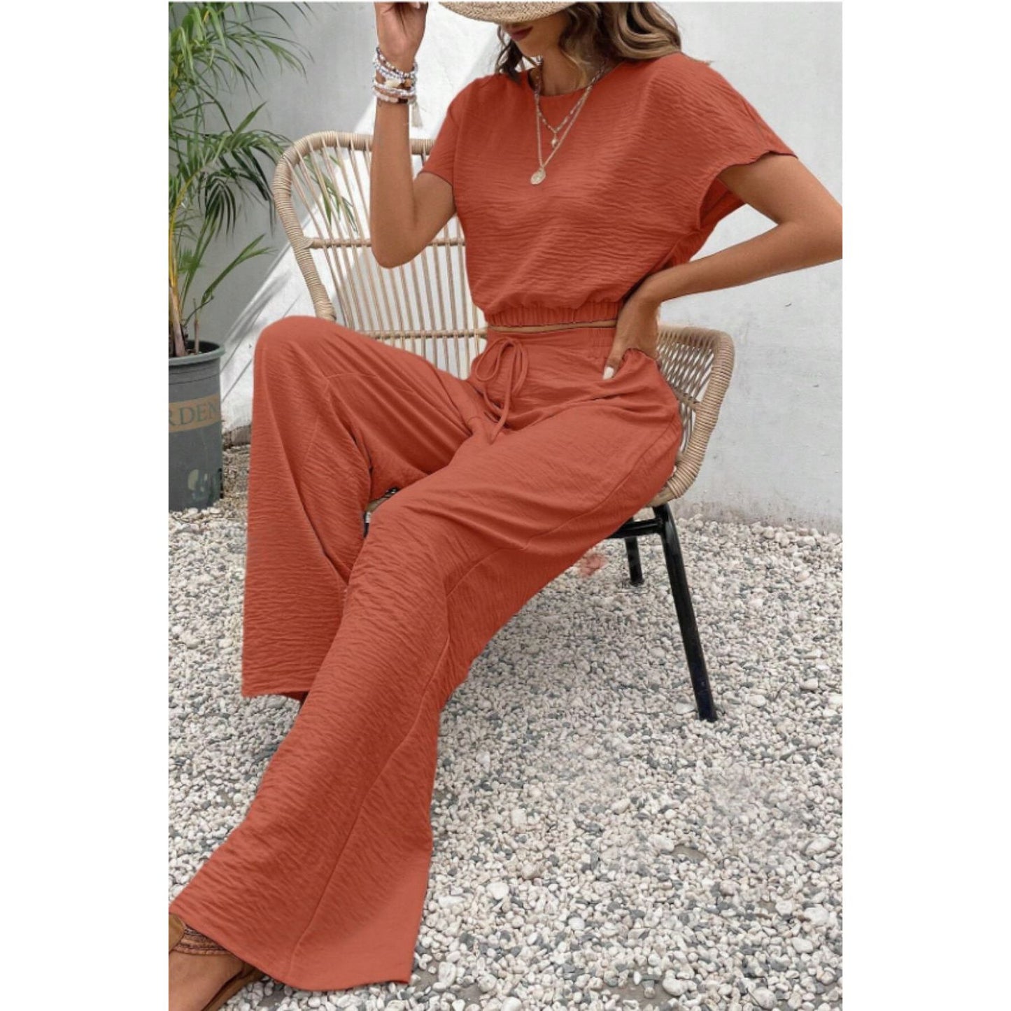 Round Neck Short Sleeve Top and Pants Set