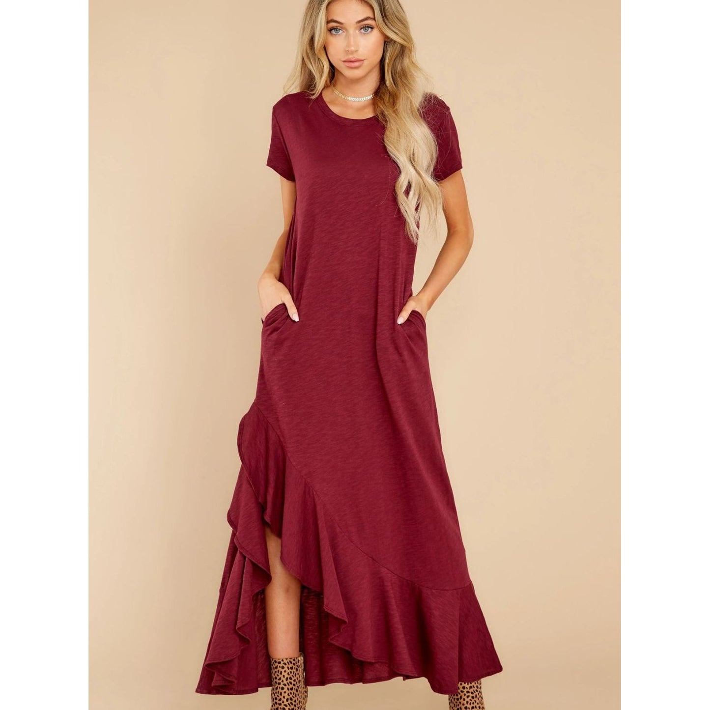 Slit Round Neck Short Sleeve Maxi Dress