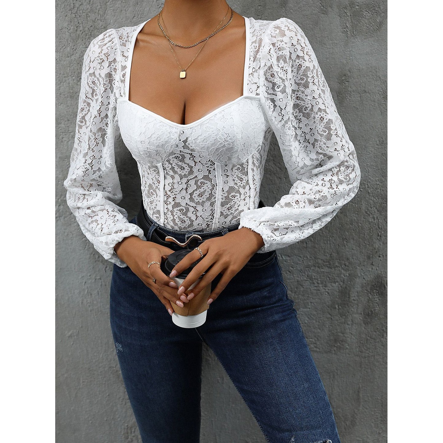 Perfee Backless Lace Long Sleeve Bodysuit