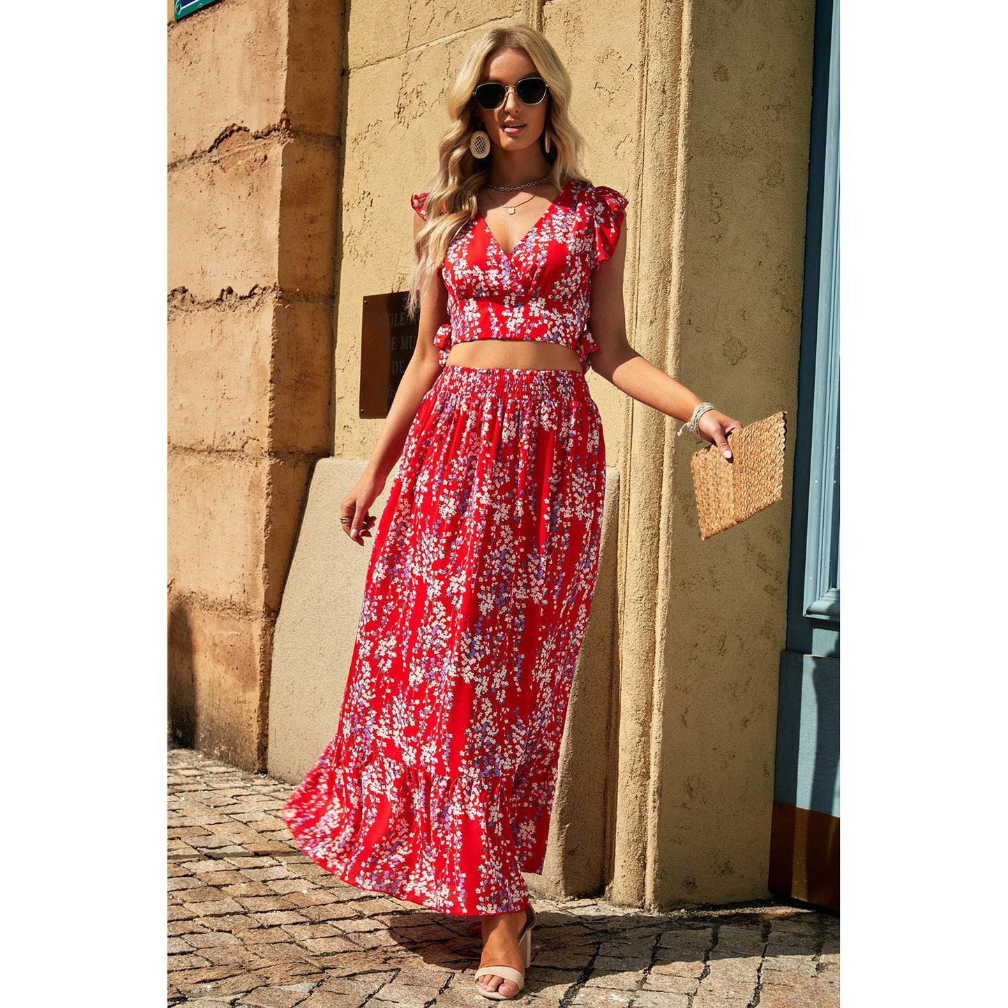 Printed Tie Back Cropped Top and Maxi Skirt Set