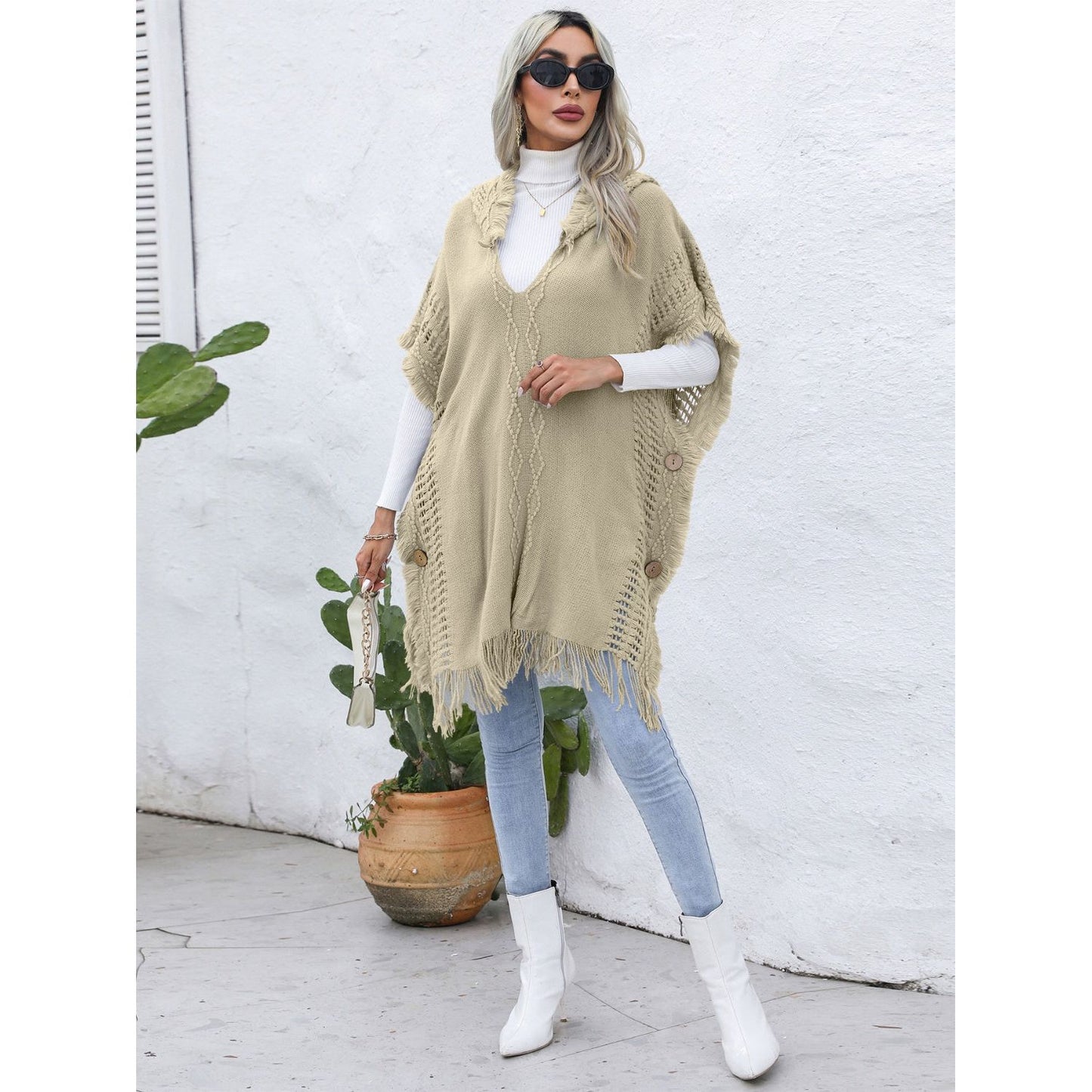 Fringe Trim Buttoned Hooded Poncho